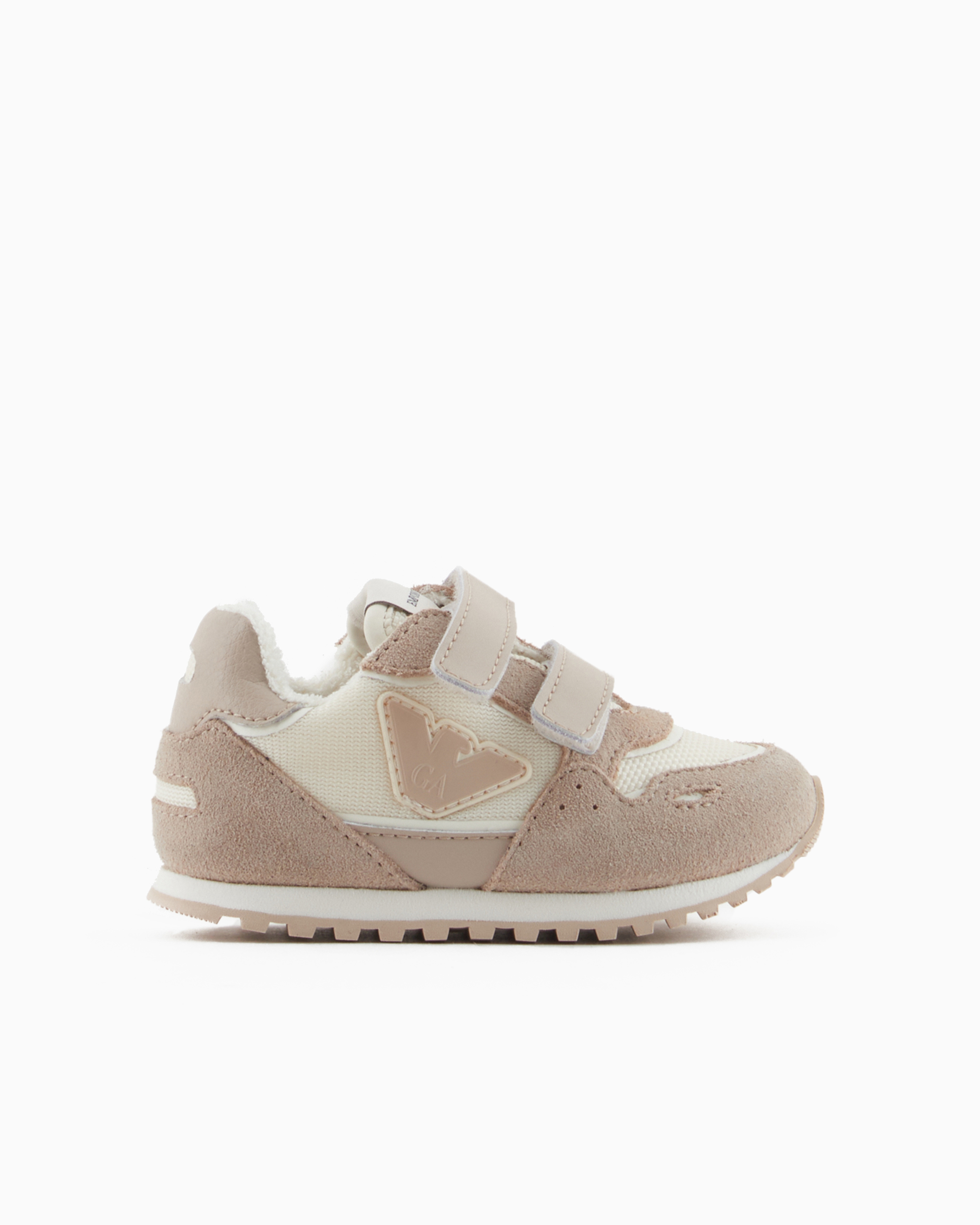 Emporio Armani Official Store Suede And Mesh Sneakers With Eagle And Velcro In Beige Logo