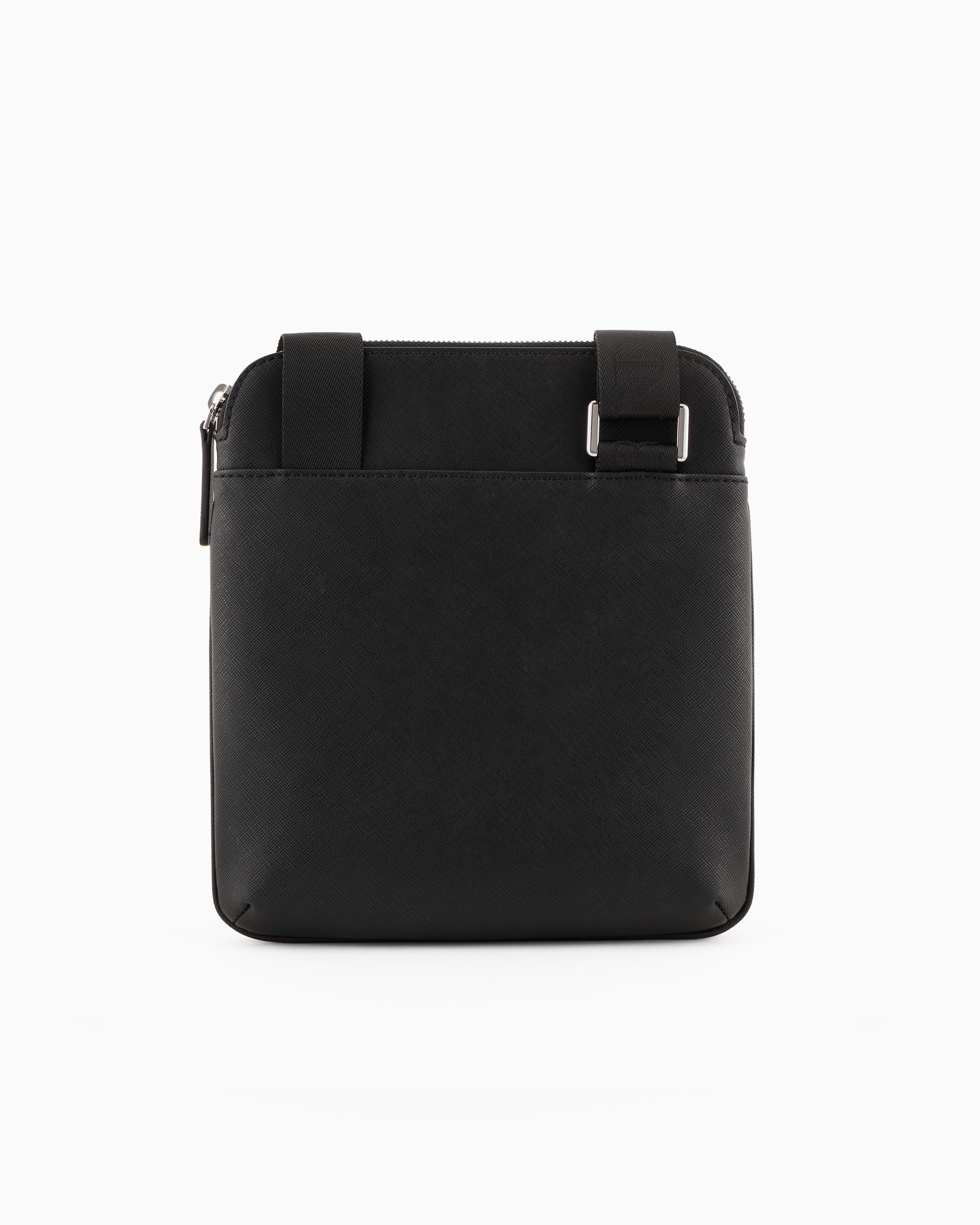 Emporio Armani Asv Regenerated Saffiano Leather Flat Shoulder Bag With Eagle Plate In Black