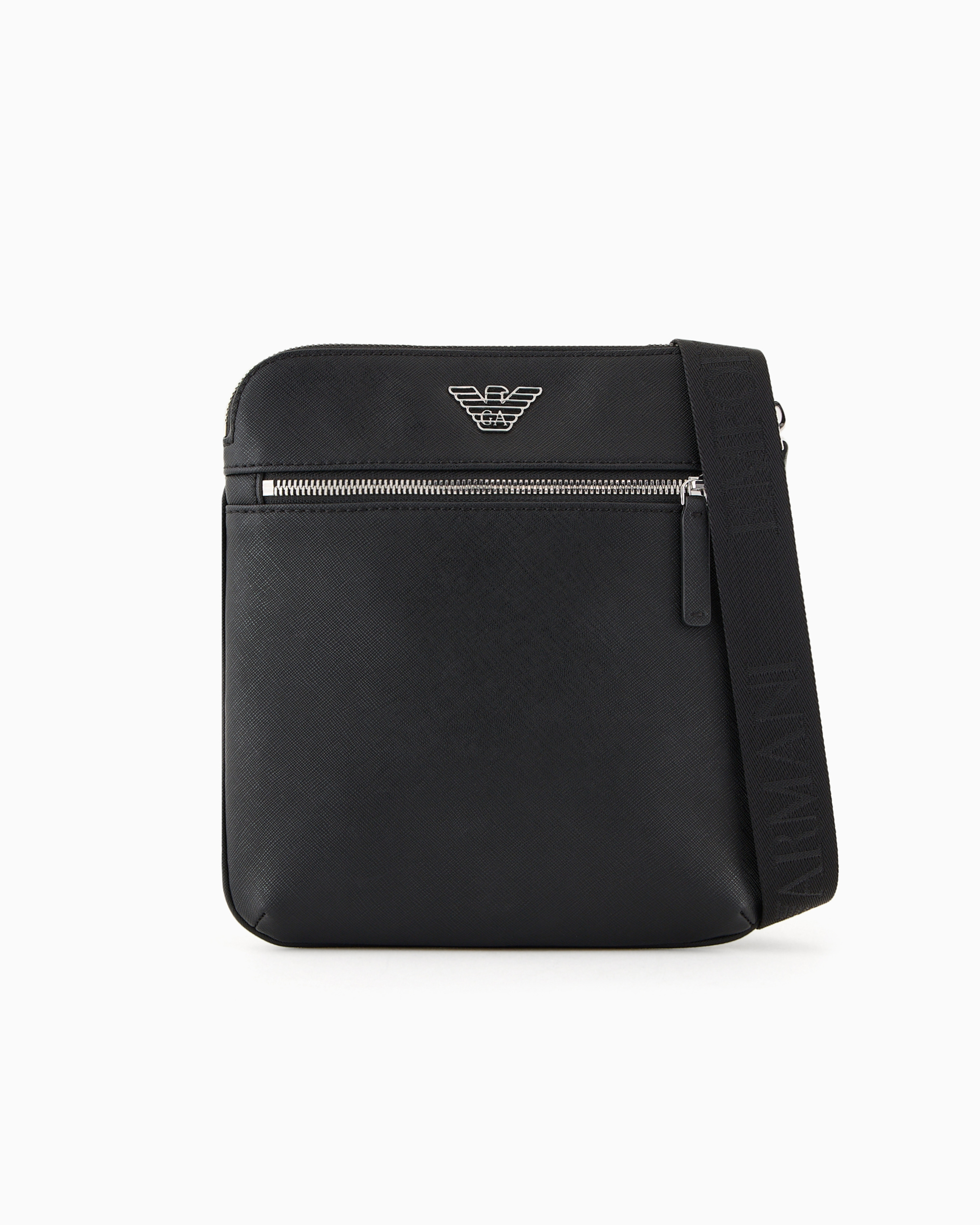 Emporio Armani Asv Regenerated Saffiano Leather Flat Shoulder Bag With Eagle Plate In Black