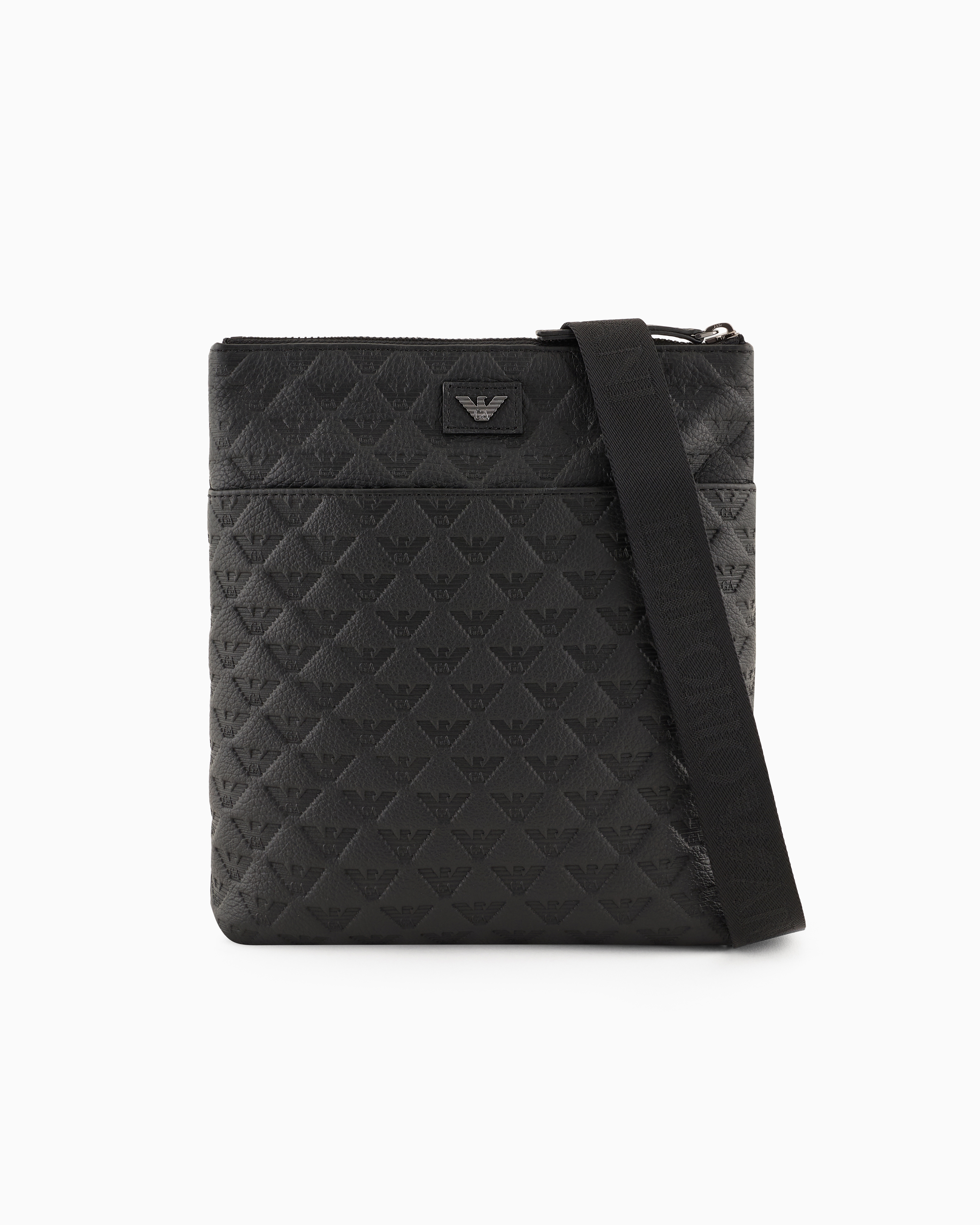 Emporio Armani Flat Leather Shoulder Bag With All-over Embossed Eagle In Black