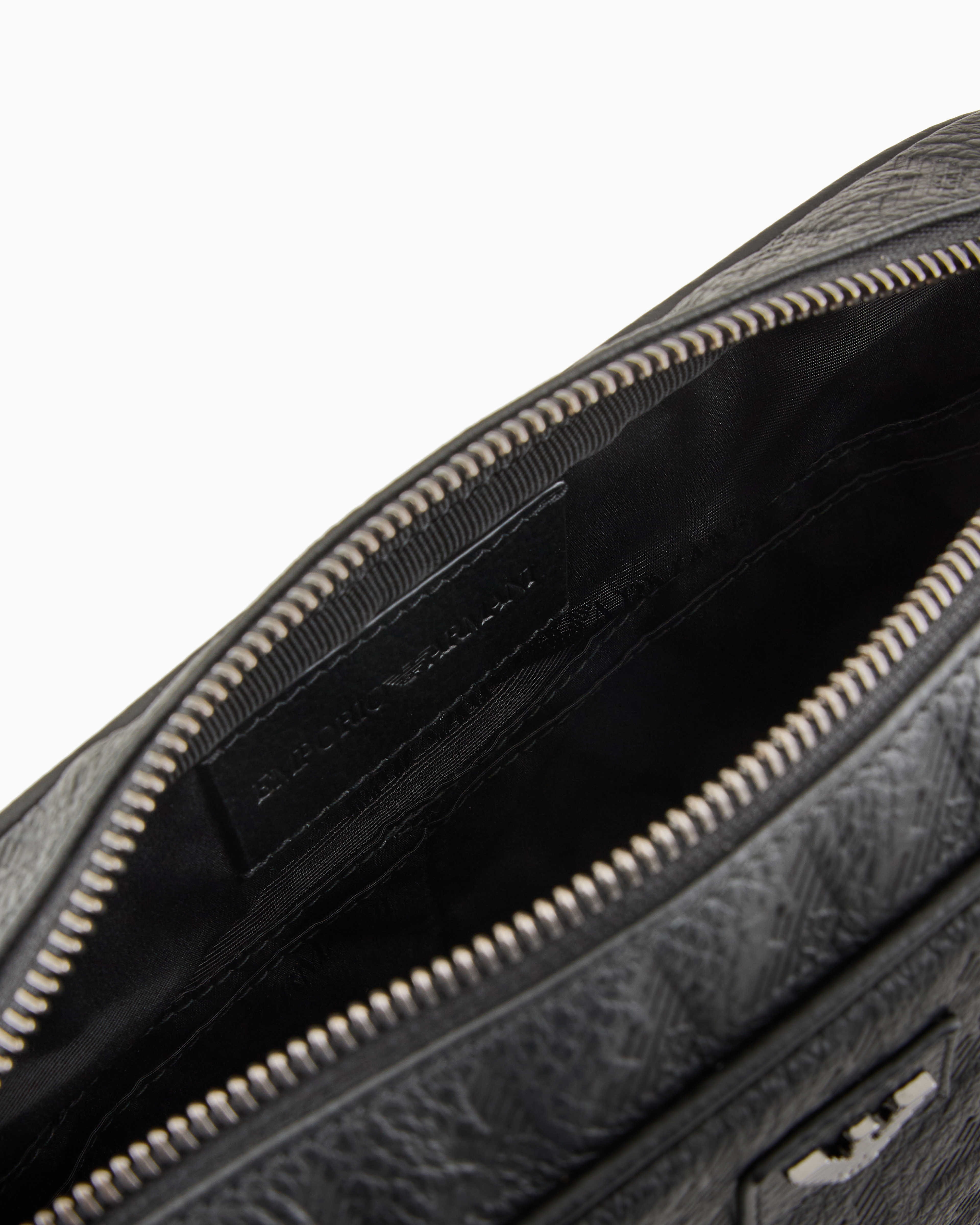 Shop Emporio Armani Leather Shoulder Bag With All-over Embossed Eagle In Black