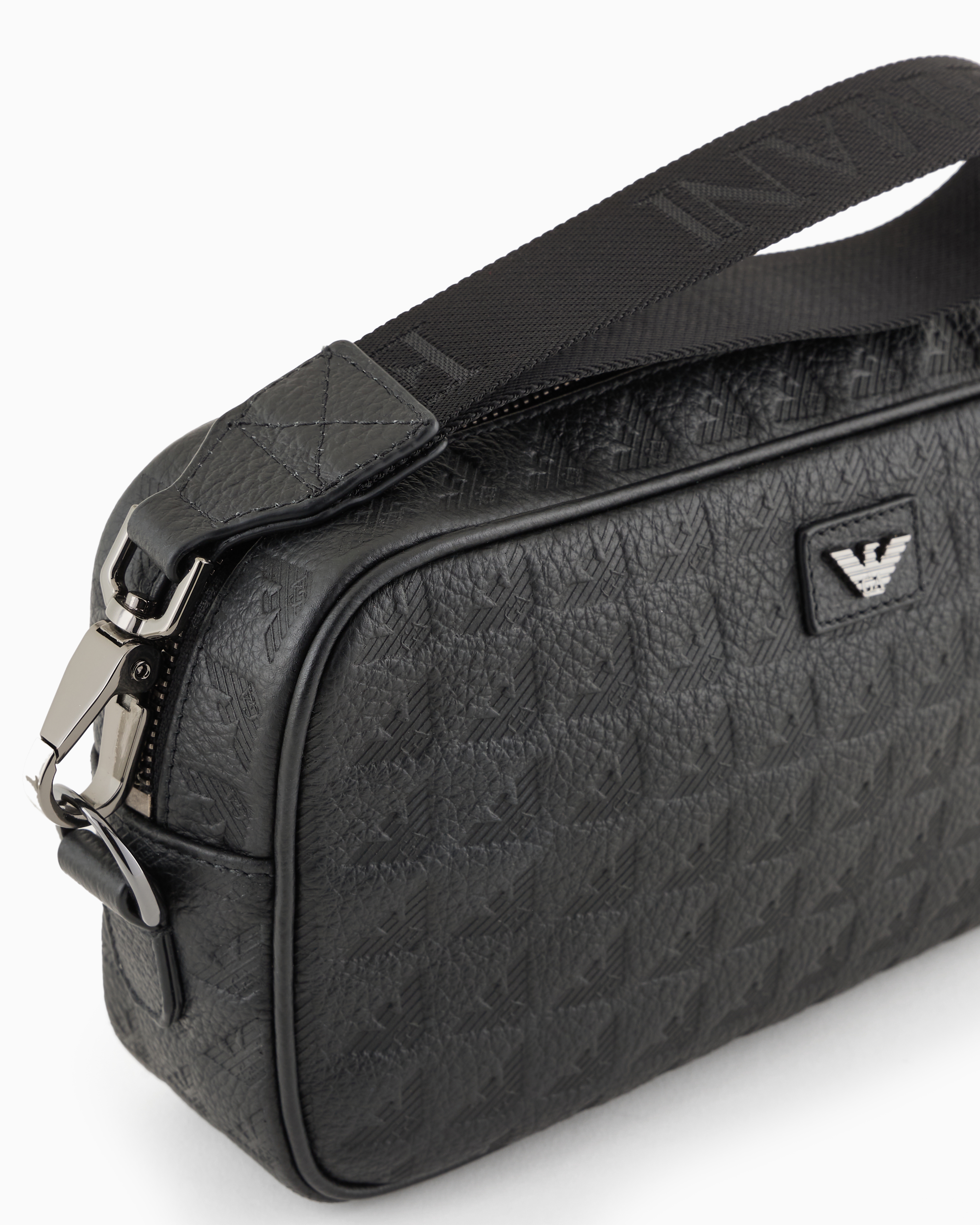 Shop Emporio Armani Leather Shoulder Bag With All-over Embossed Eagle In Black