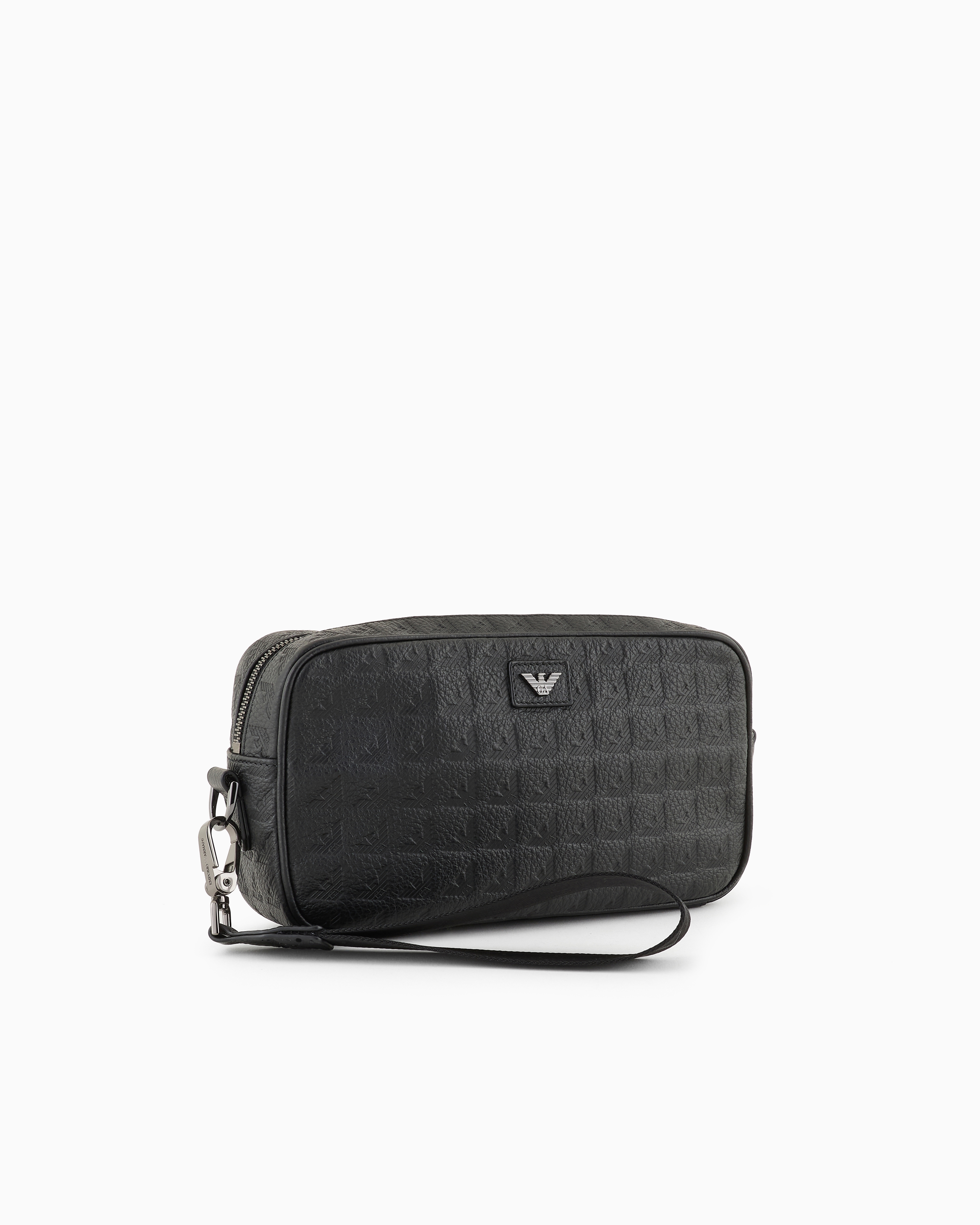 Shop Emporio Armani Leather Shoulder Bag With All-over Embossed Eagle In Black