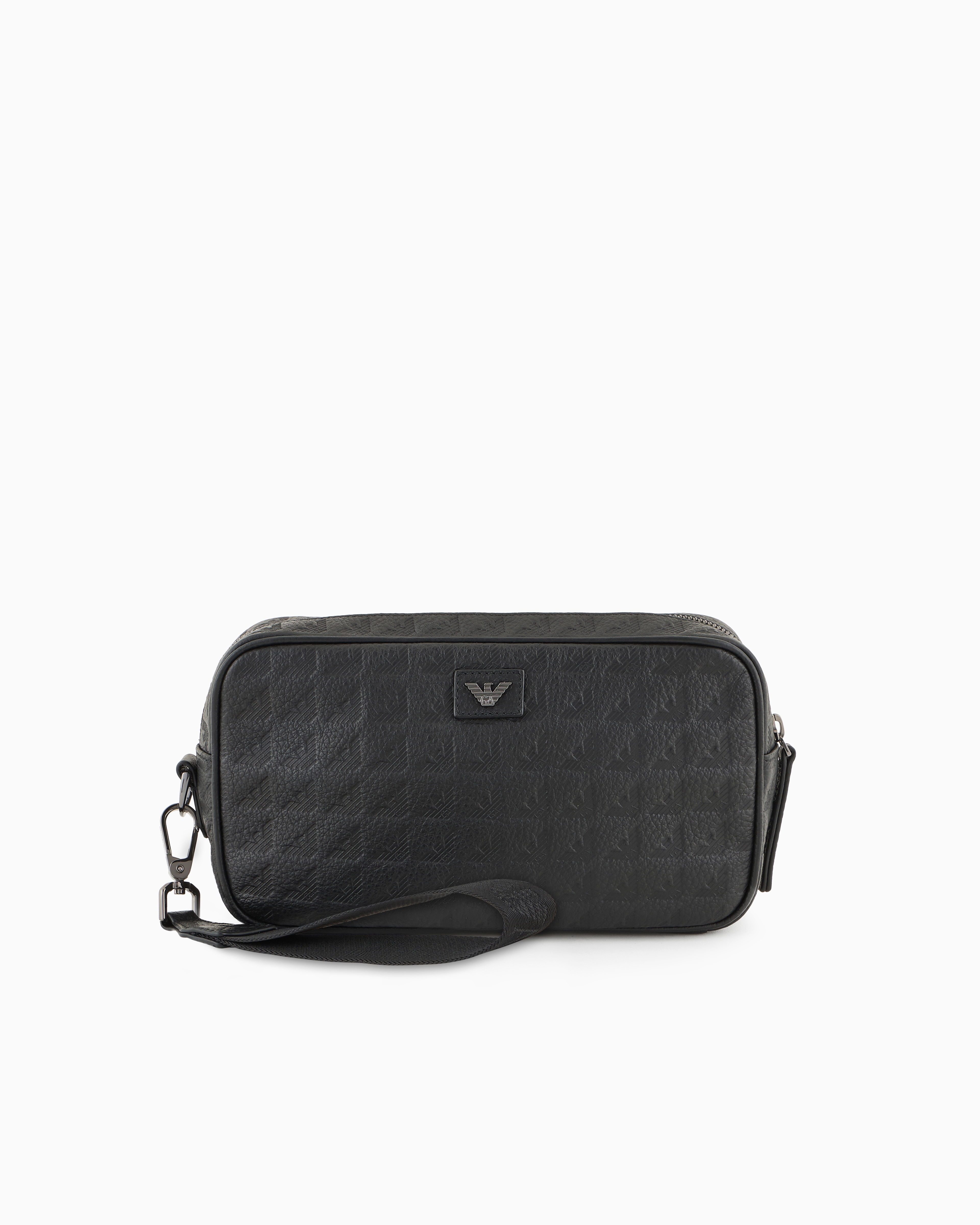 Shop Emporio Armani Leather Shoulder Bag With All-over Embossed Eagle In Black