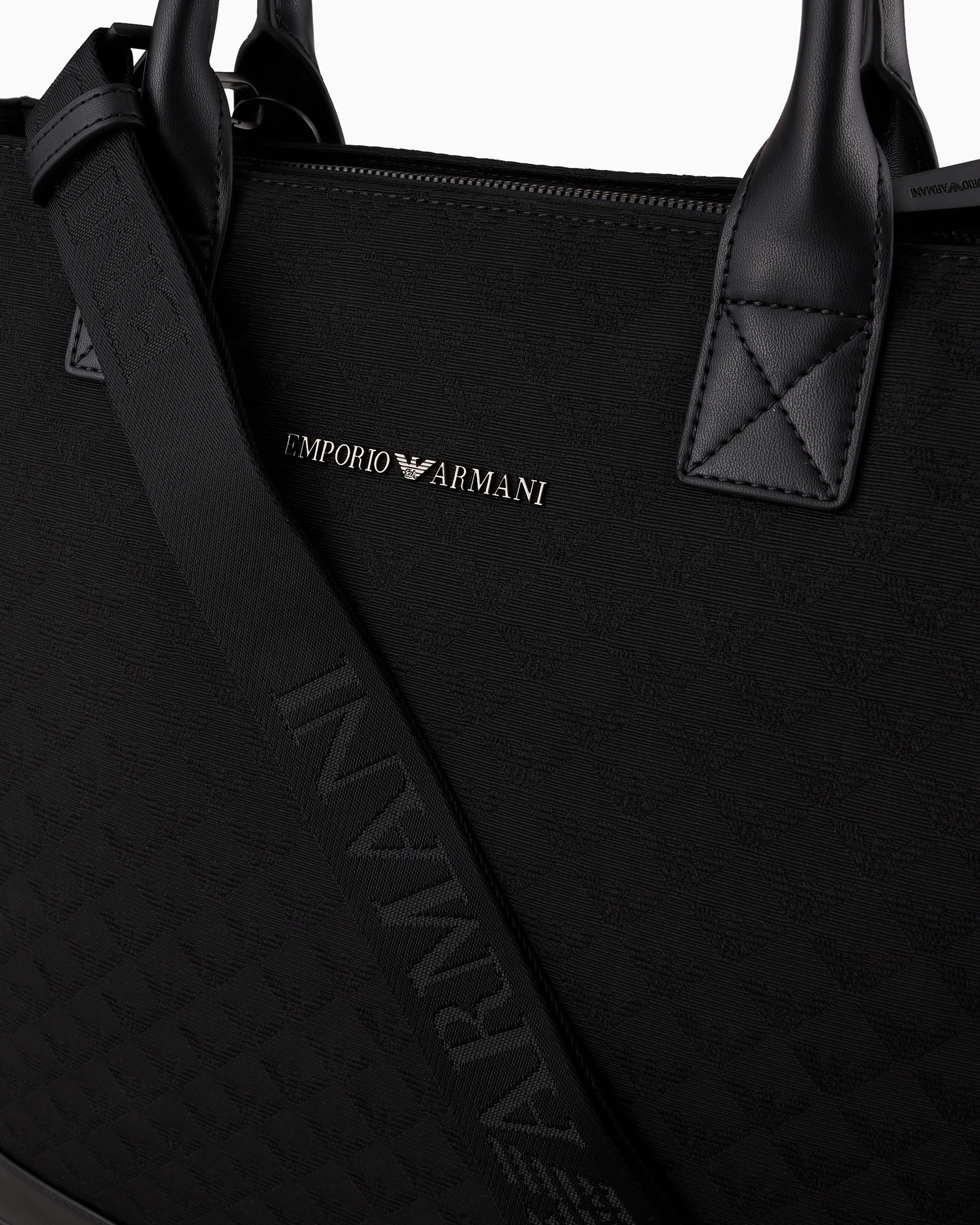 Shop Emporio Armani Nylon Tote Bag With All-over Jacquard Eagle In Black