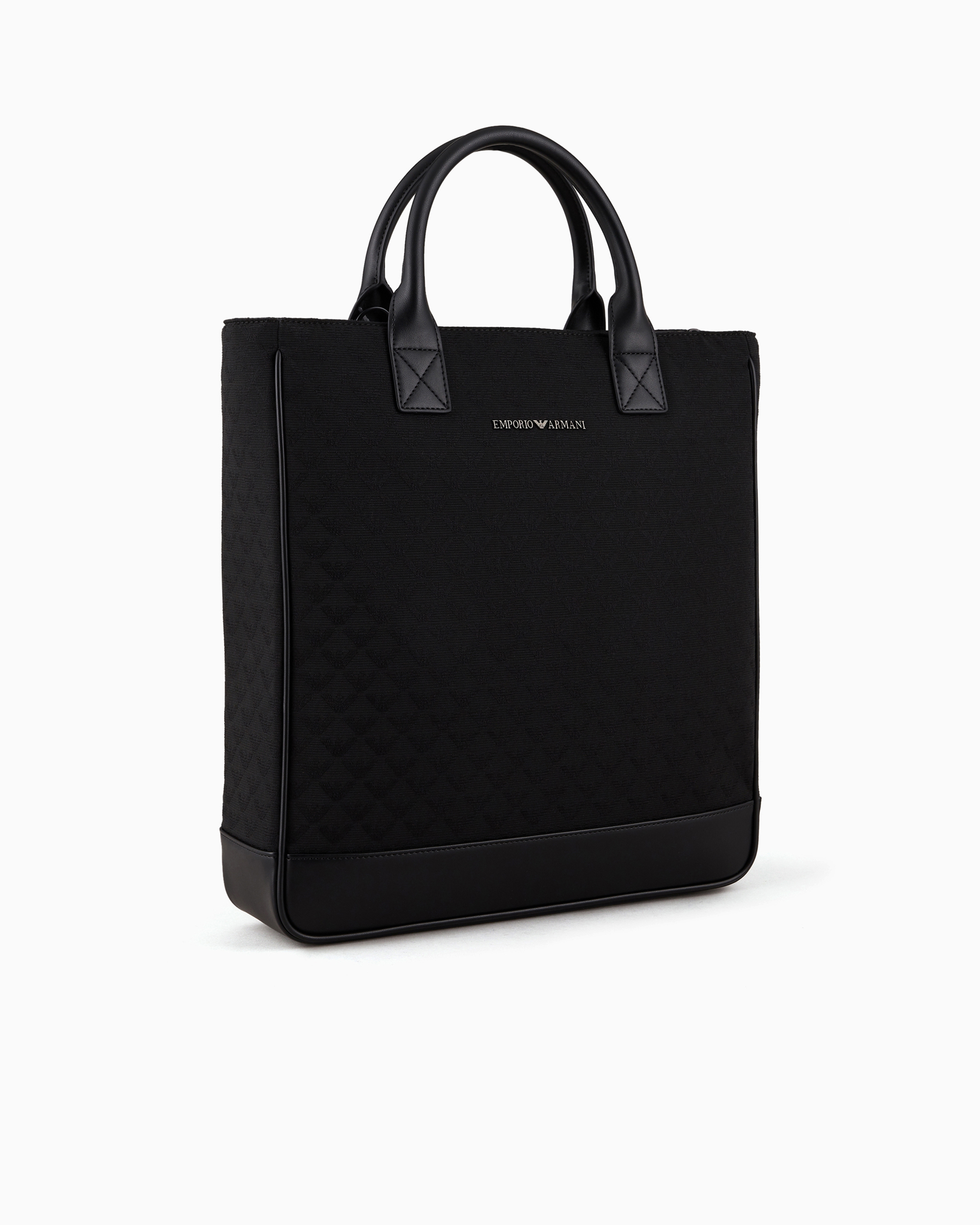 Shop Emporio Armani Nylon Tote Bag With All-over Jacquard Eagle In Black