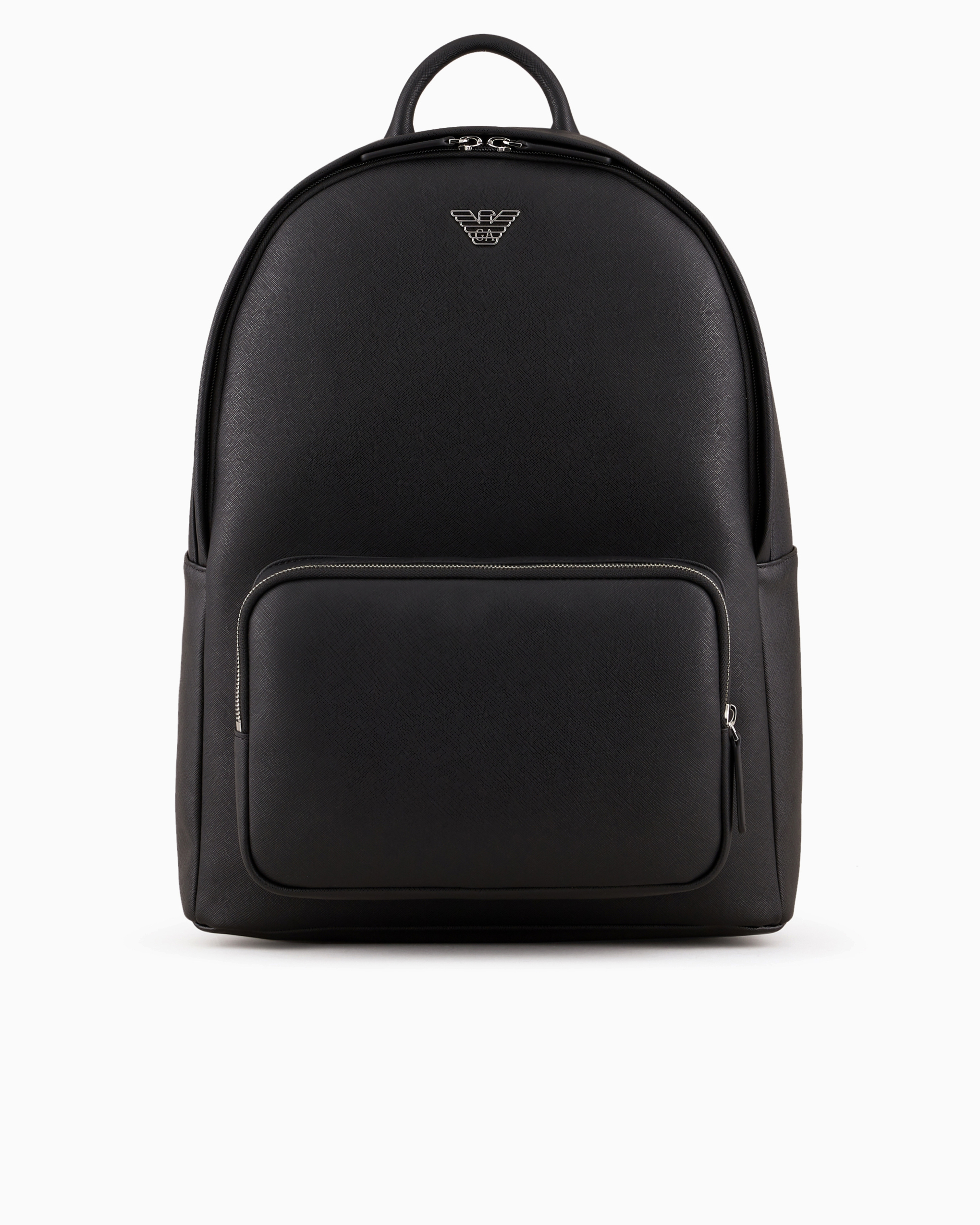 Emporio Armani Asv Regenerated Saffiano Leather Round Backpack With Eagle Plate In Black