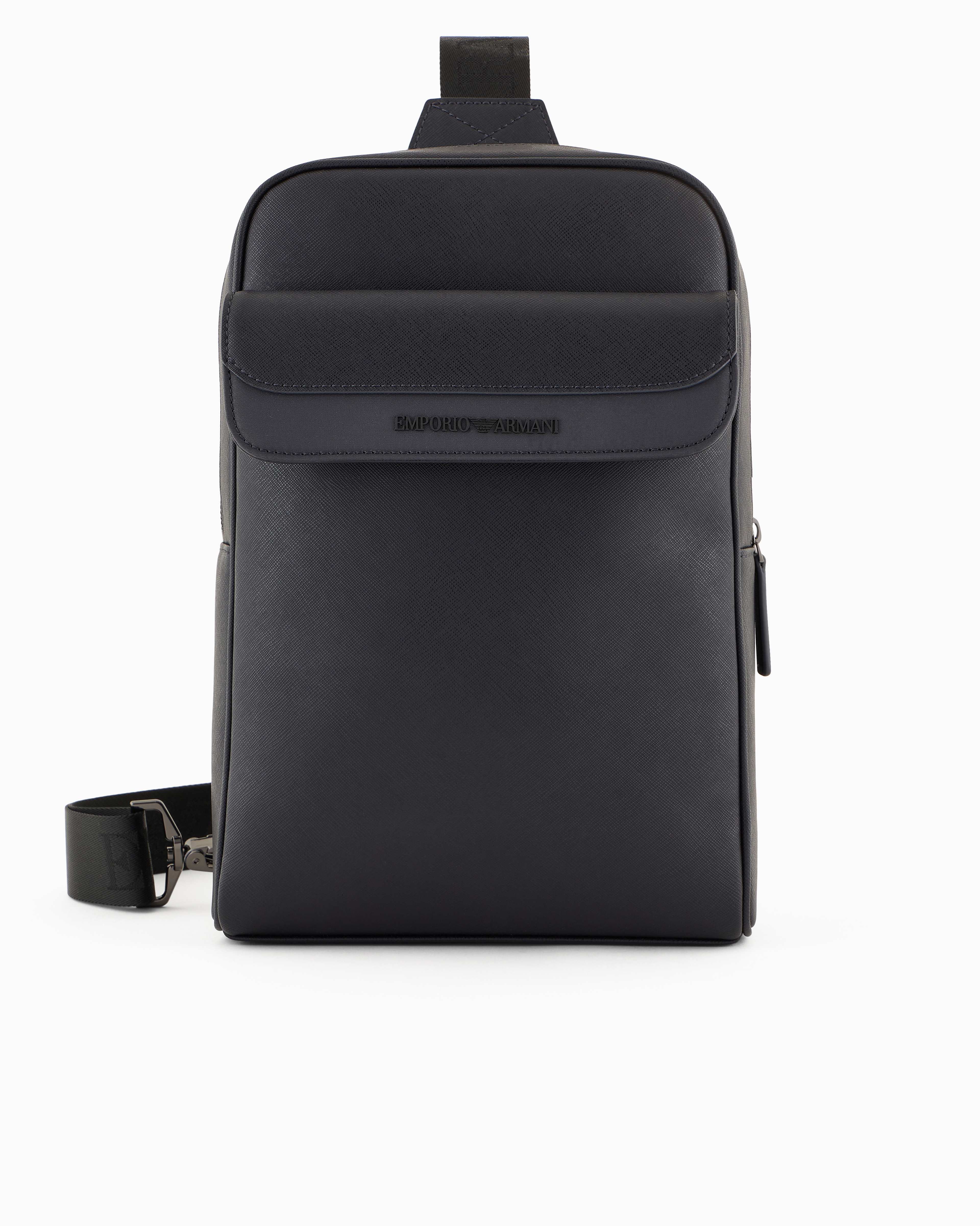 Emporio Armani Official Store Asv Regenerated Saffiano And Recycled Nylon One-shoulder Backpack In Navy Blue