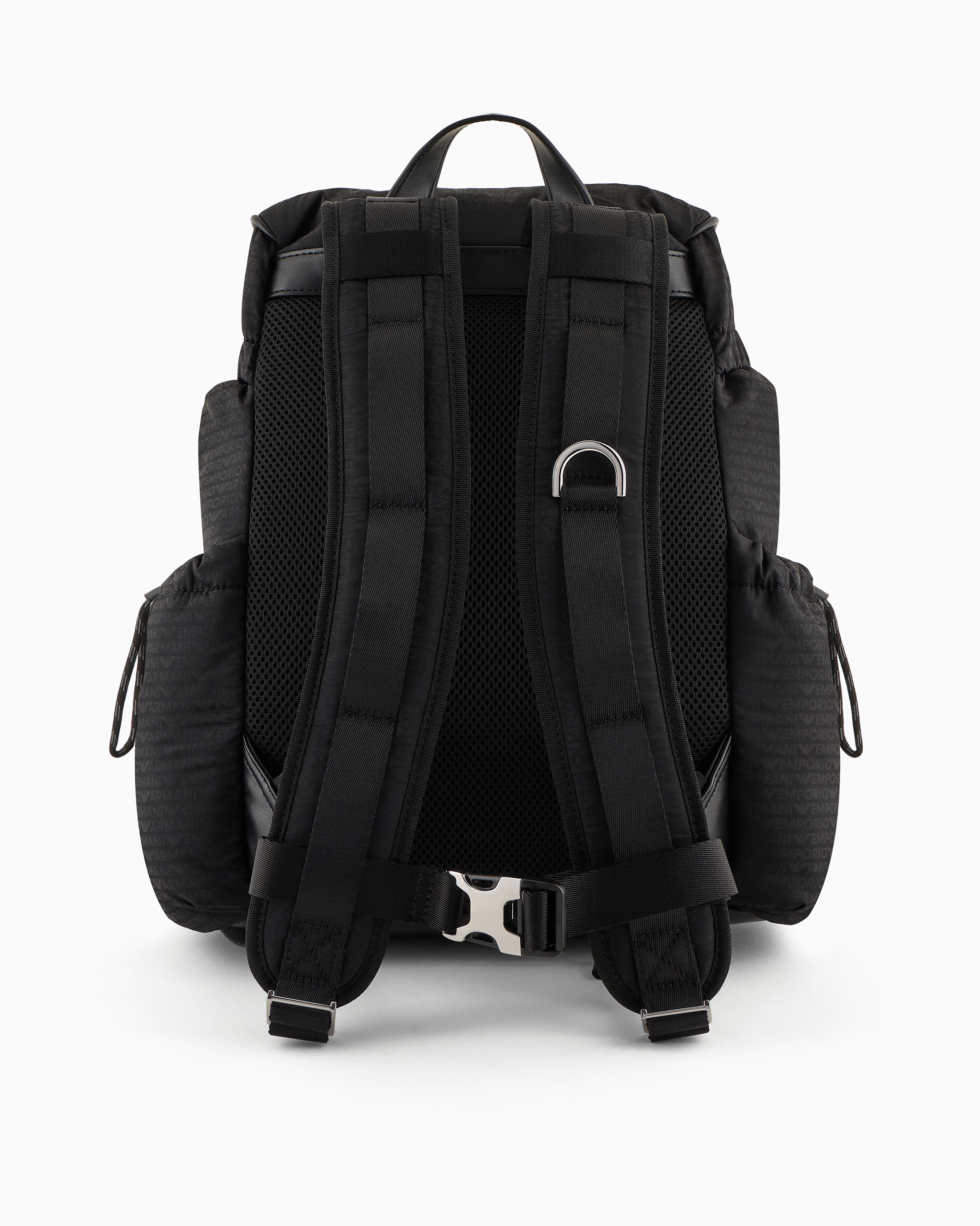 Emporio Armani Logo Embossed Nylon Backpack With Side Pockets In Black