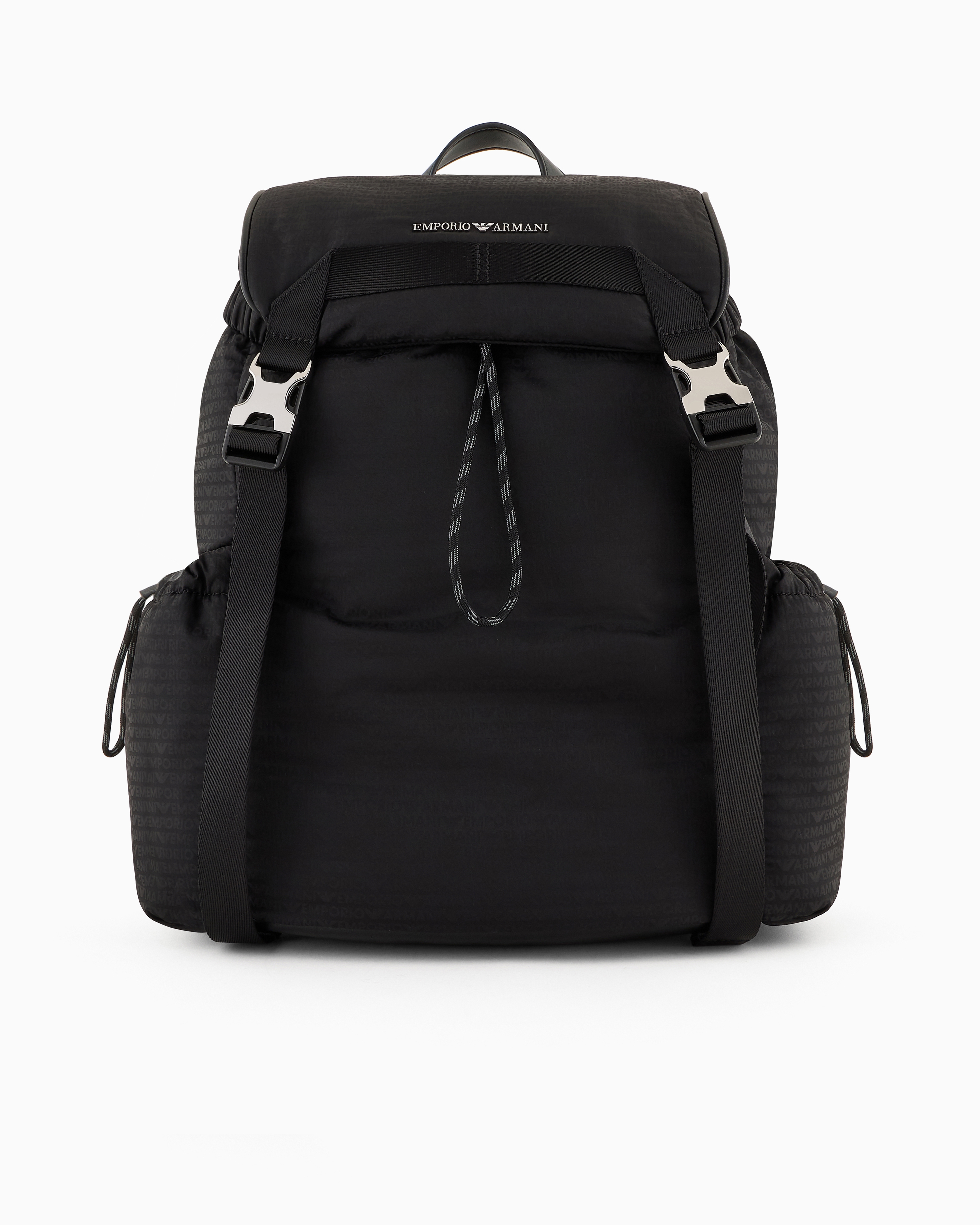 Emporio Armani Nylon Backpack With All-over, Jacquard Logo Lettering In Black