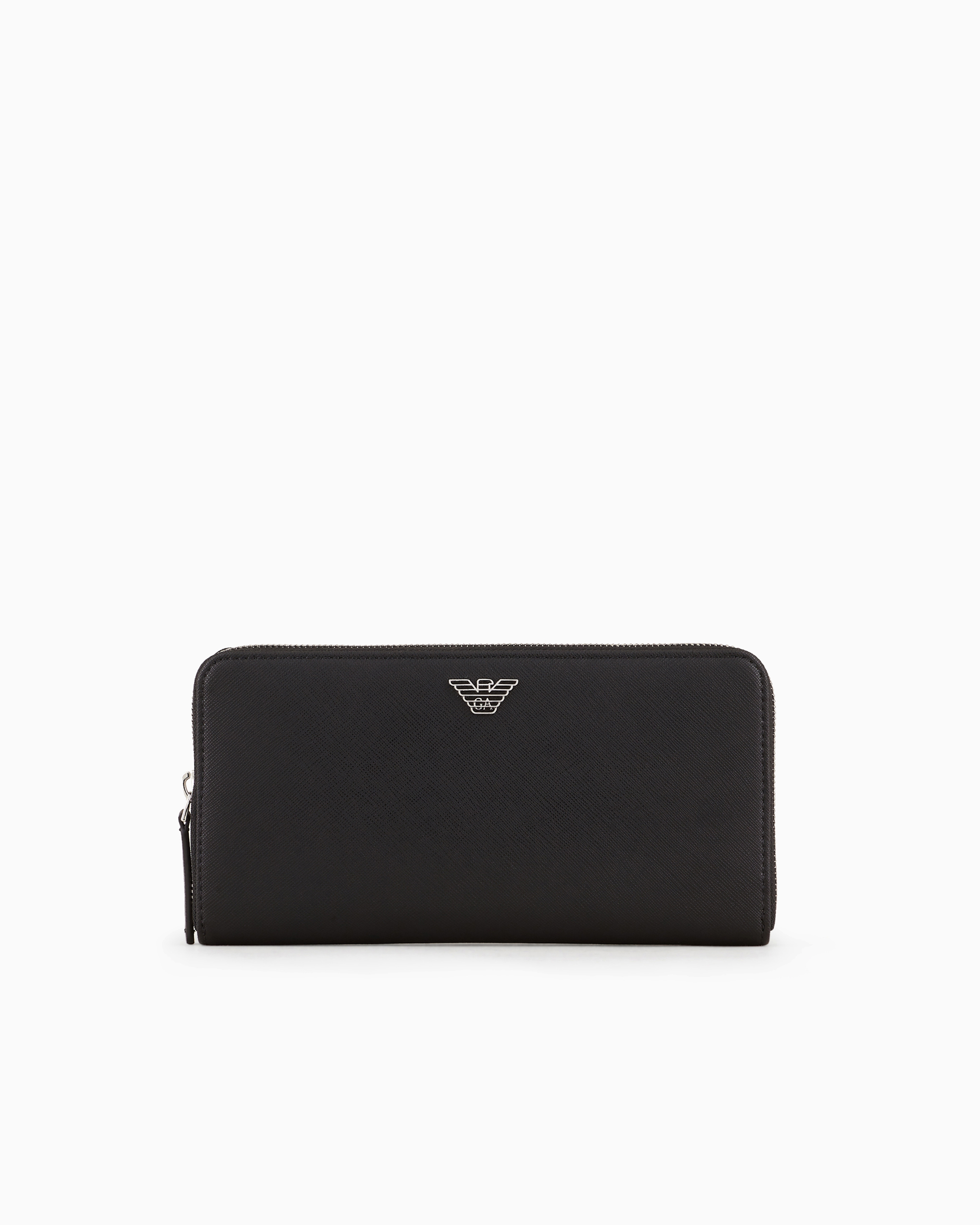 Emporio Armani Asv Regenerated Saffiano Leather Zip-around Wallet With Eagle Plate In Black