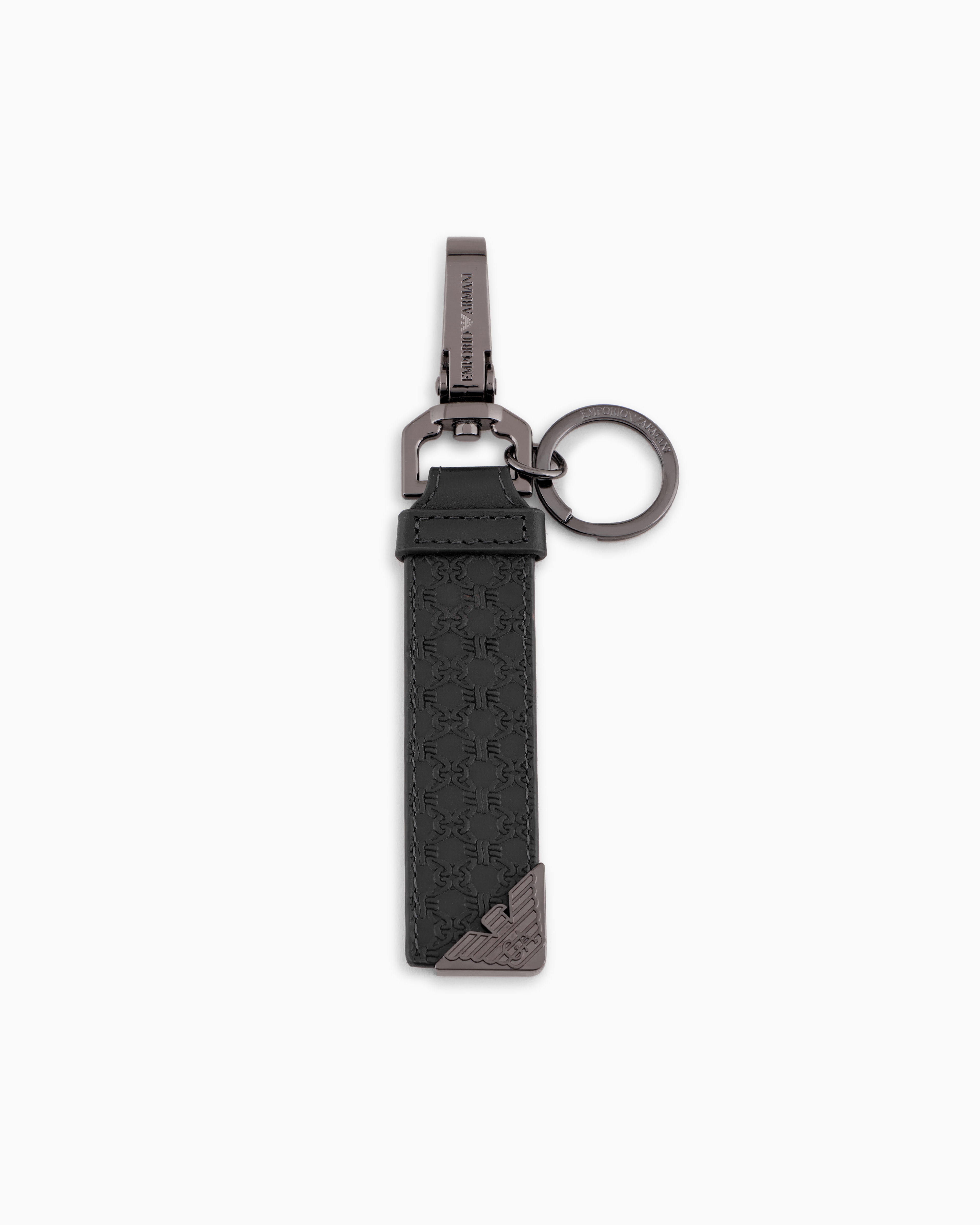 Emporio Armani Official Store Leather Keyring With All-over Embossed Pattern In Black