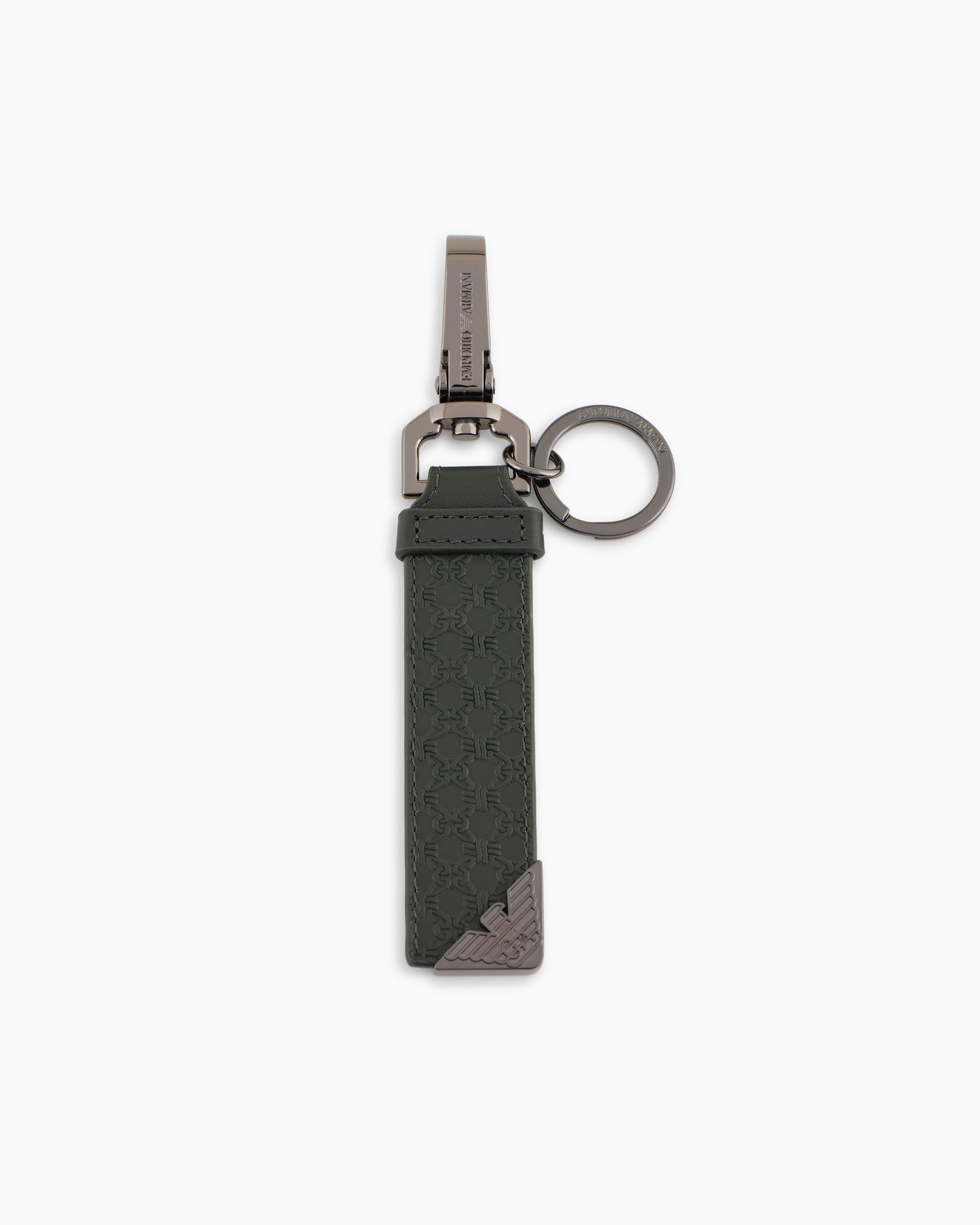 Emporio Armani Official Store Leather Keyring With All-over Embossed Pattern In Verde Scuro 1