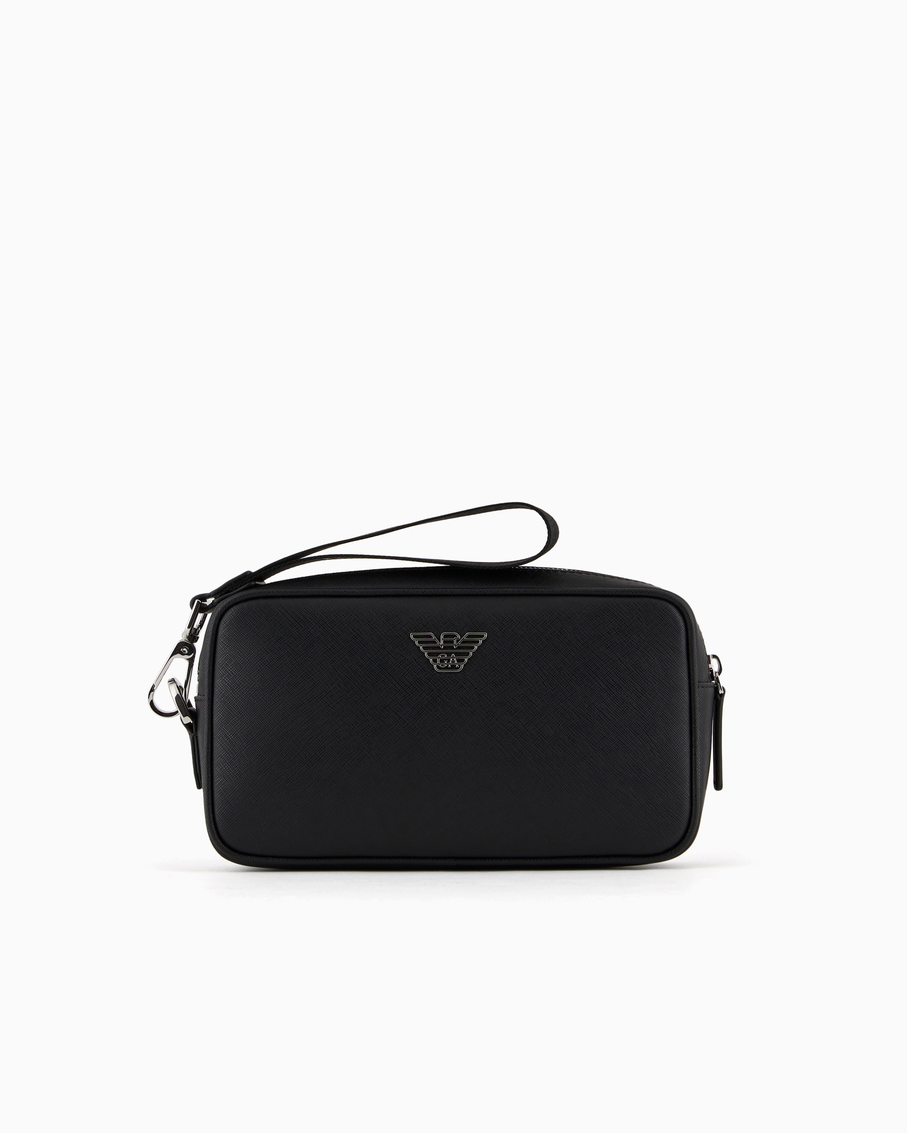 Emporio Armani Official Store Asv Regenerated Saffiano Leather Washbag With Eagle Plate In Black