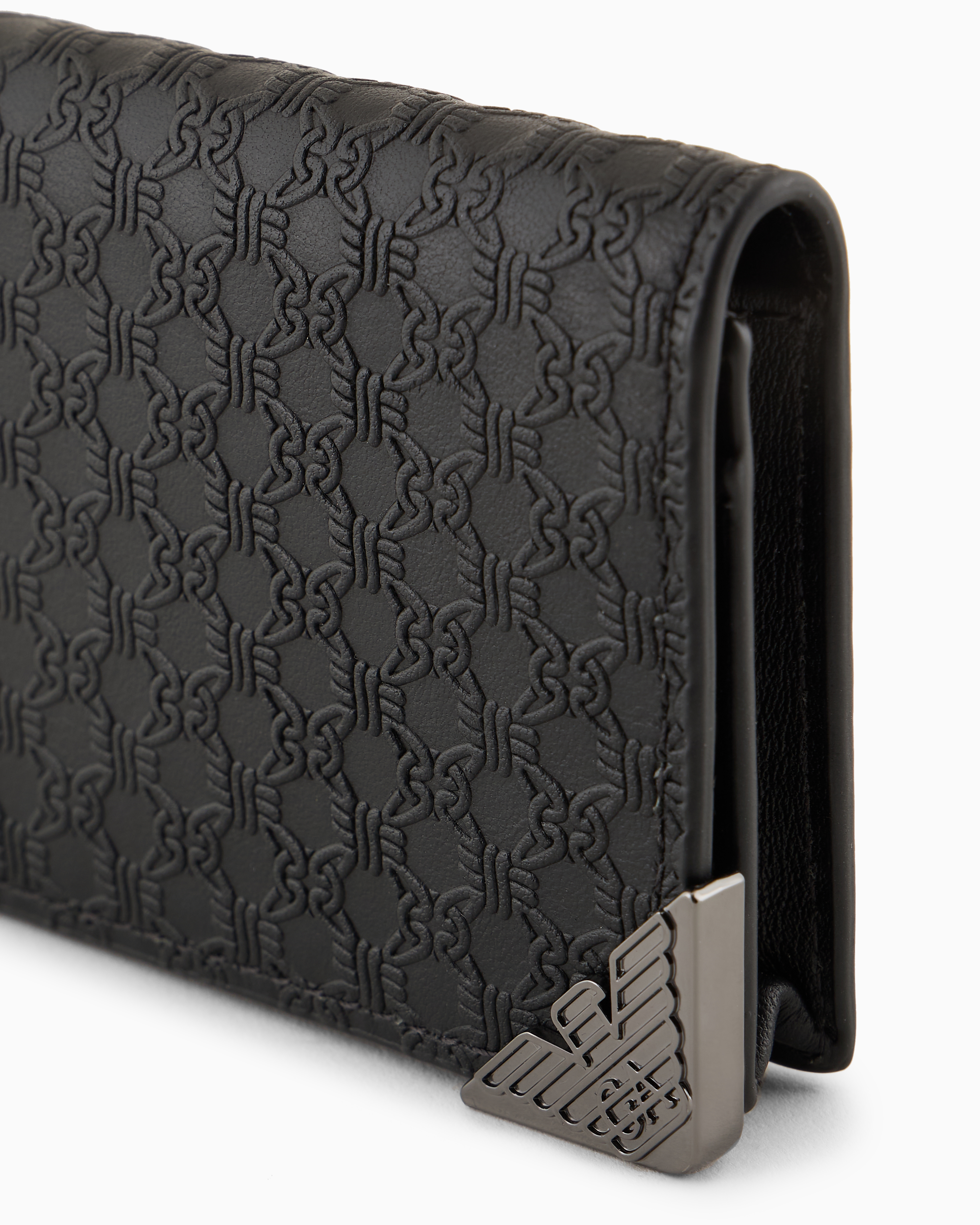 Shop Emporio Armani Leather Card Holder With Flap And All-over Embossed Pattern In Black