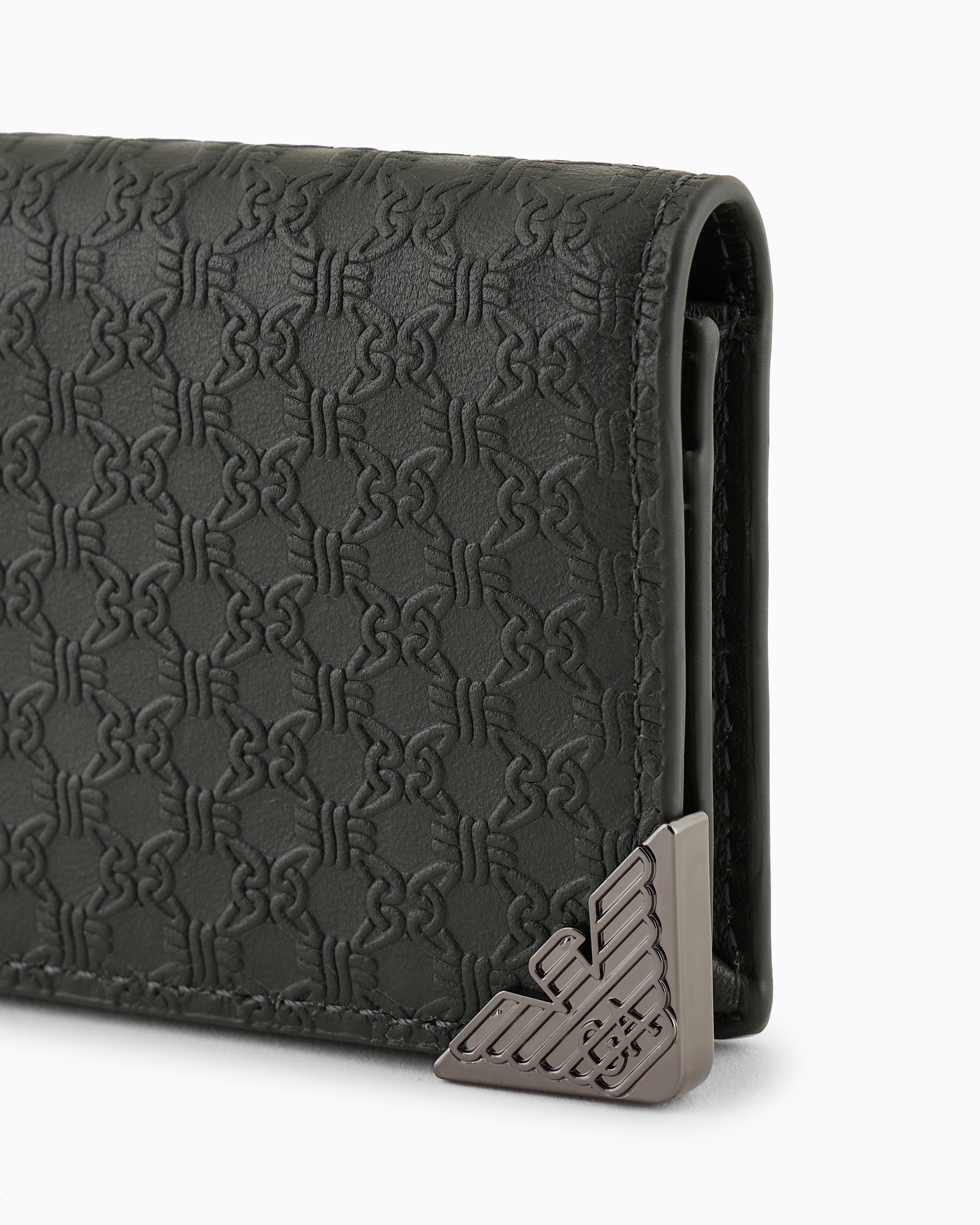 Emporio Armani Official Store Leather Card Holder With Flap And All-over Embossed Pattern In Verde Scuro 1