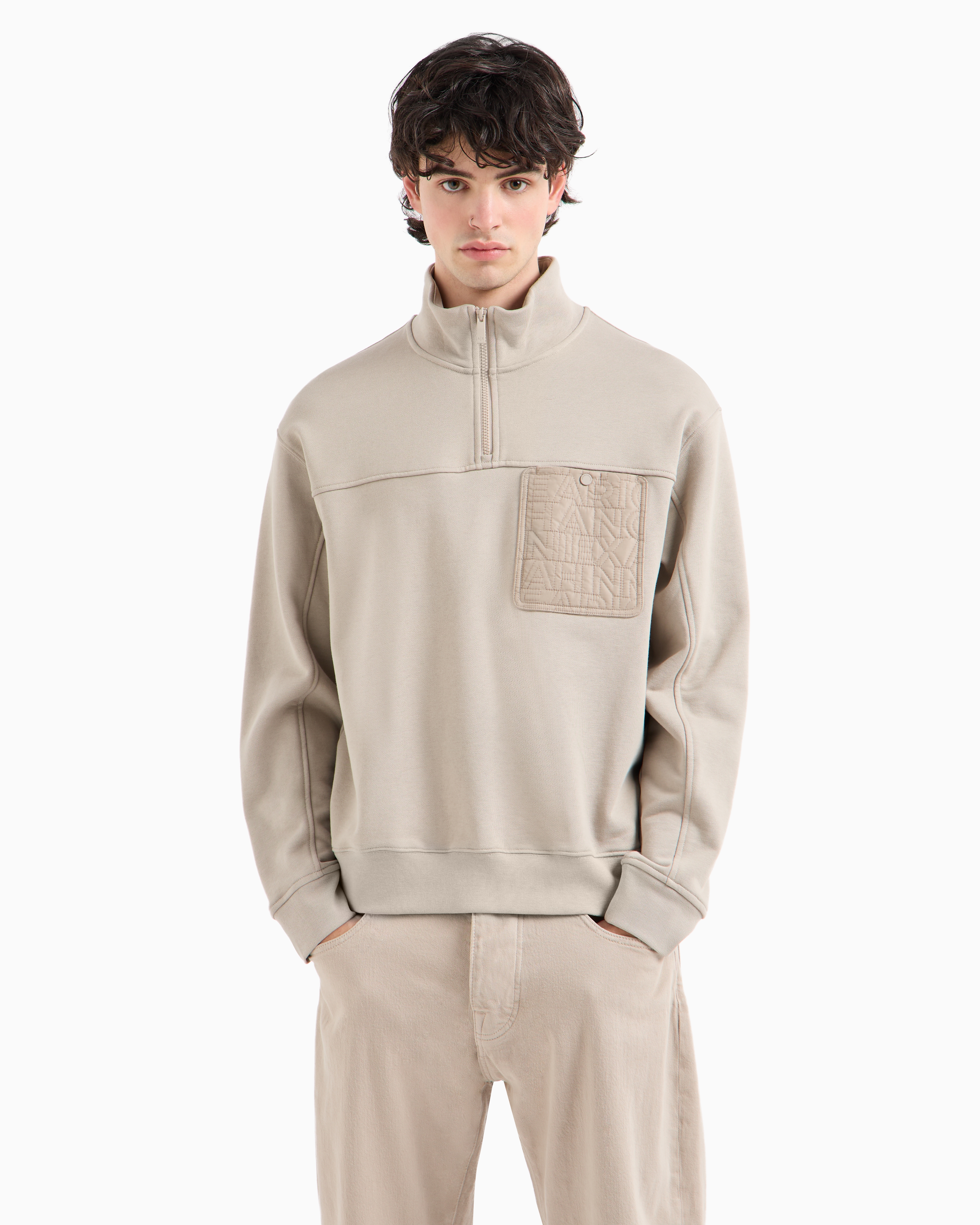 Shop Armani Exchange Asv Cotton Pocket High Neck Sweatshirt In Beige