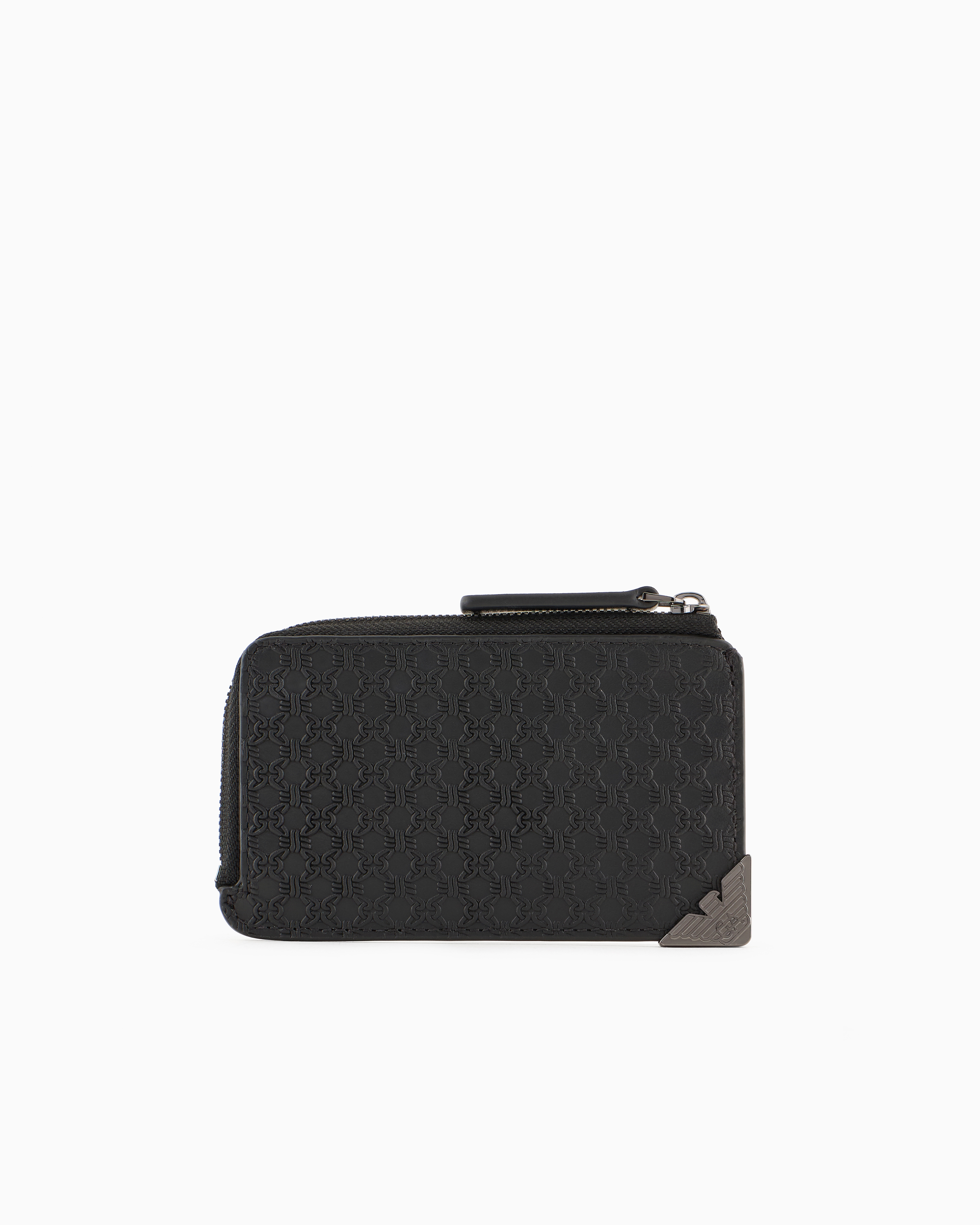 Emporio Armani Official Store Leather Zipped Card Holder With All-over Embossed Pattern In Black