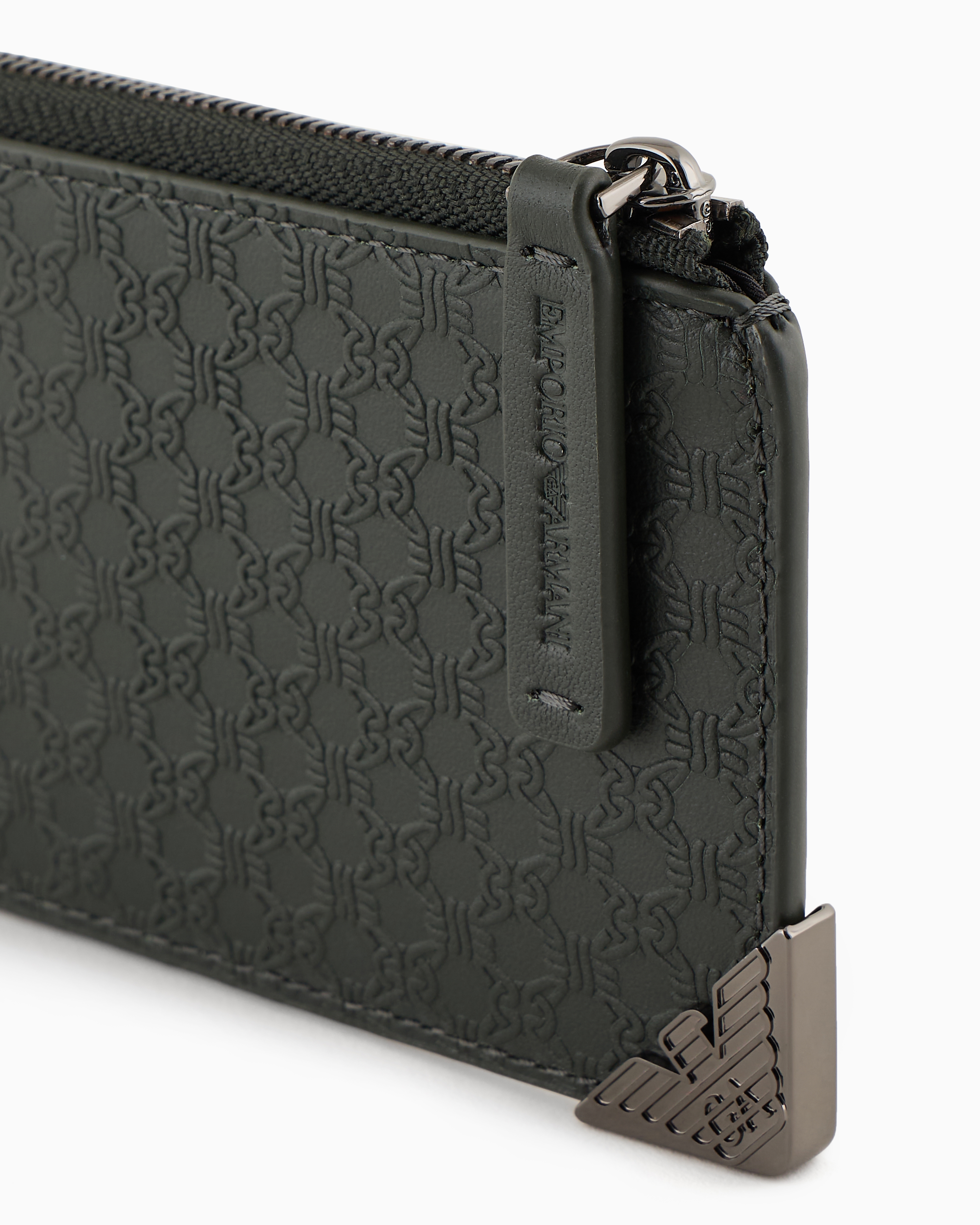 Emporio Armani Official Store Leather Zipped Card Holder With All-over Embossed Pattern In Verde Scuro 1