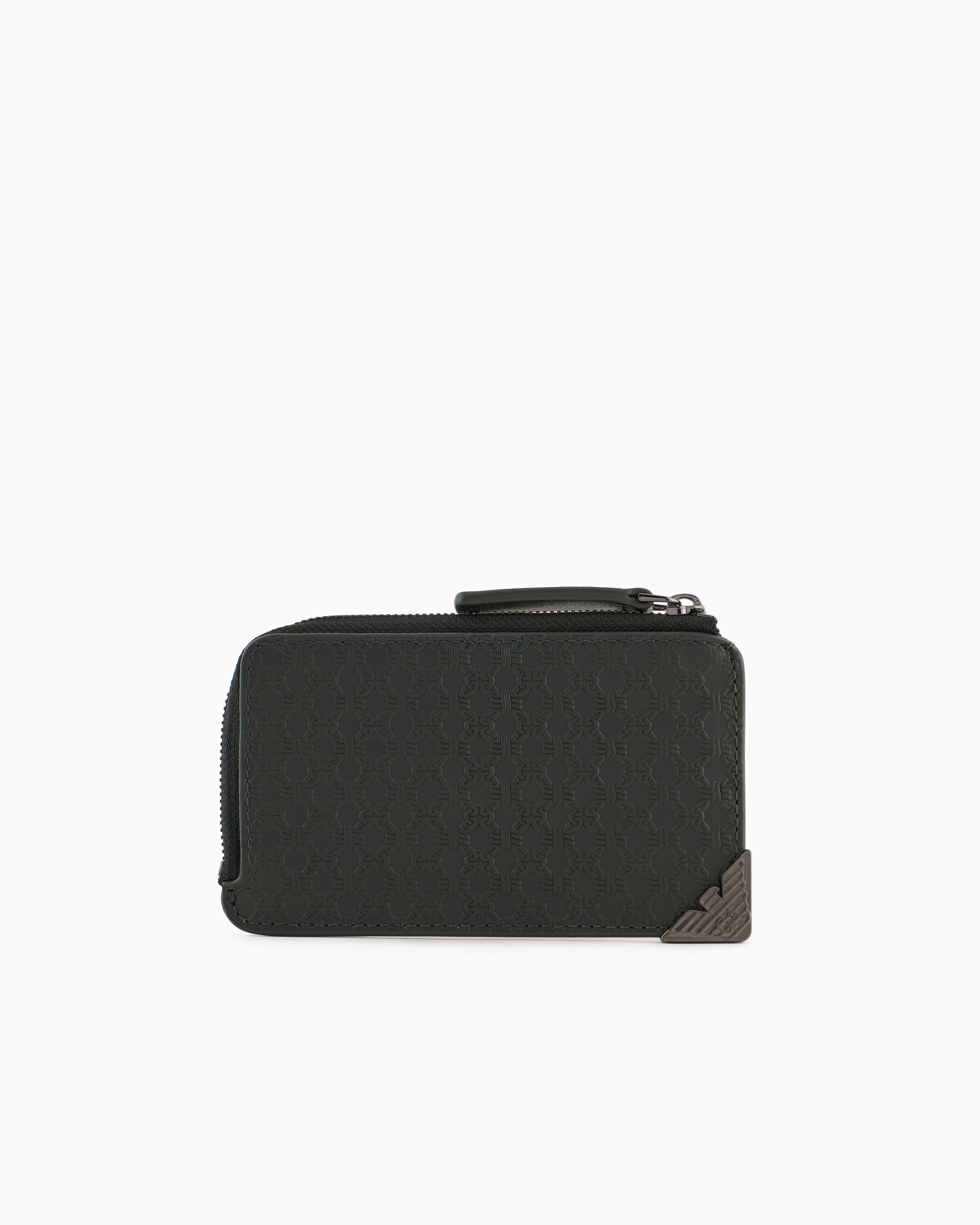 Emporio Armani Official Store Leather Zipped Card Holder With All-over Embossed Pattern In Verde Scuro 1