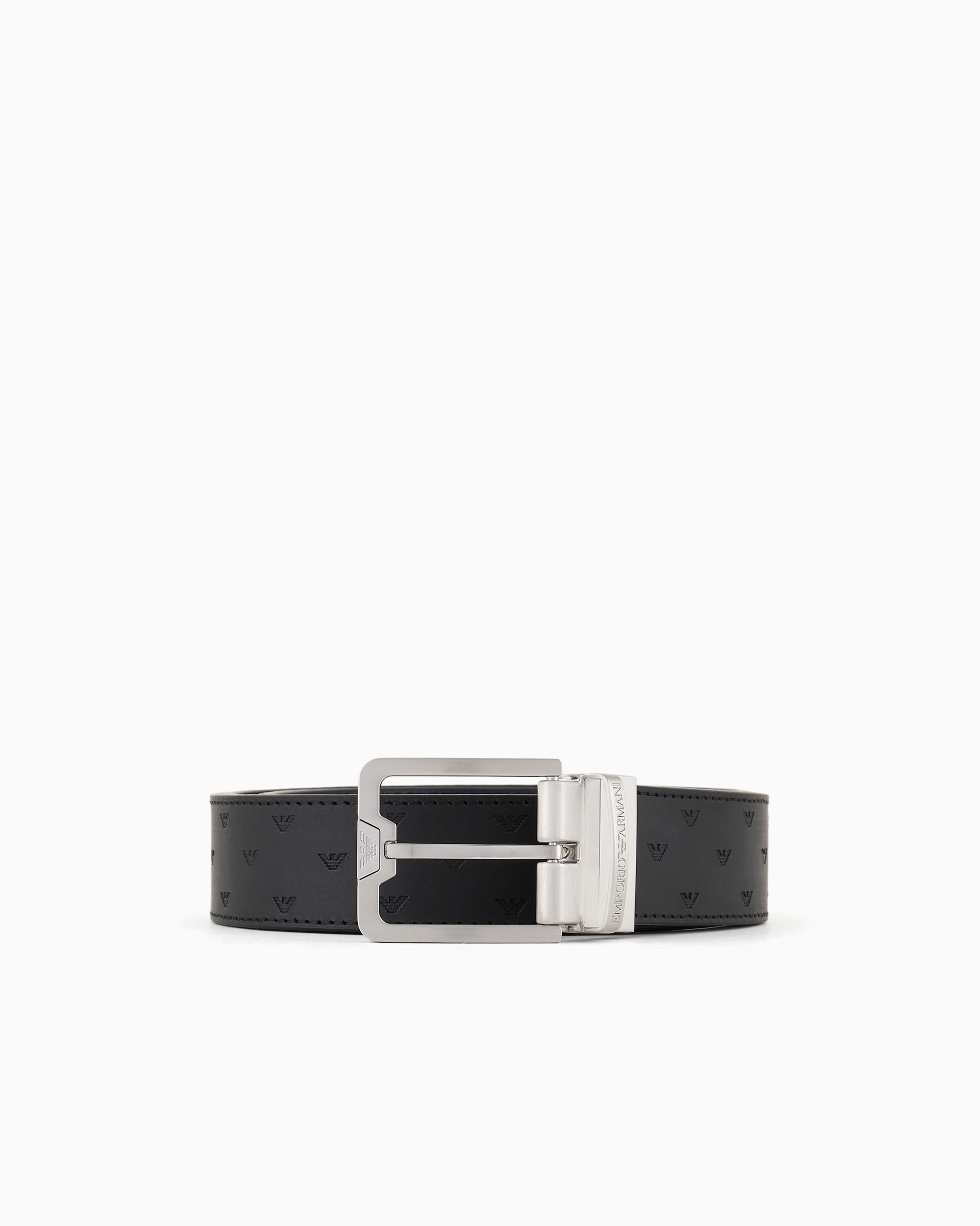 Emporio Armani Official Store Reversible Leather Belt With All-over Embossed Eagle In Black