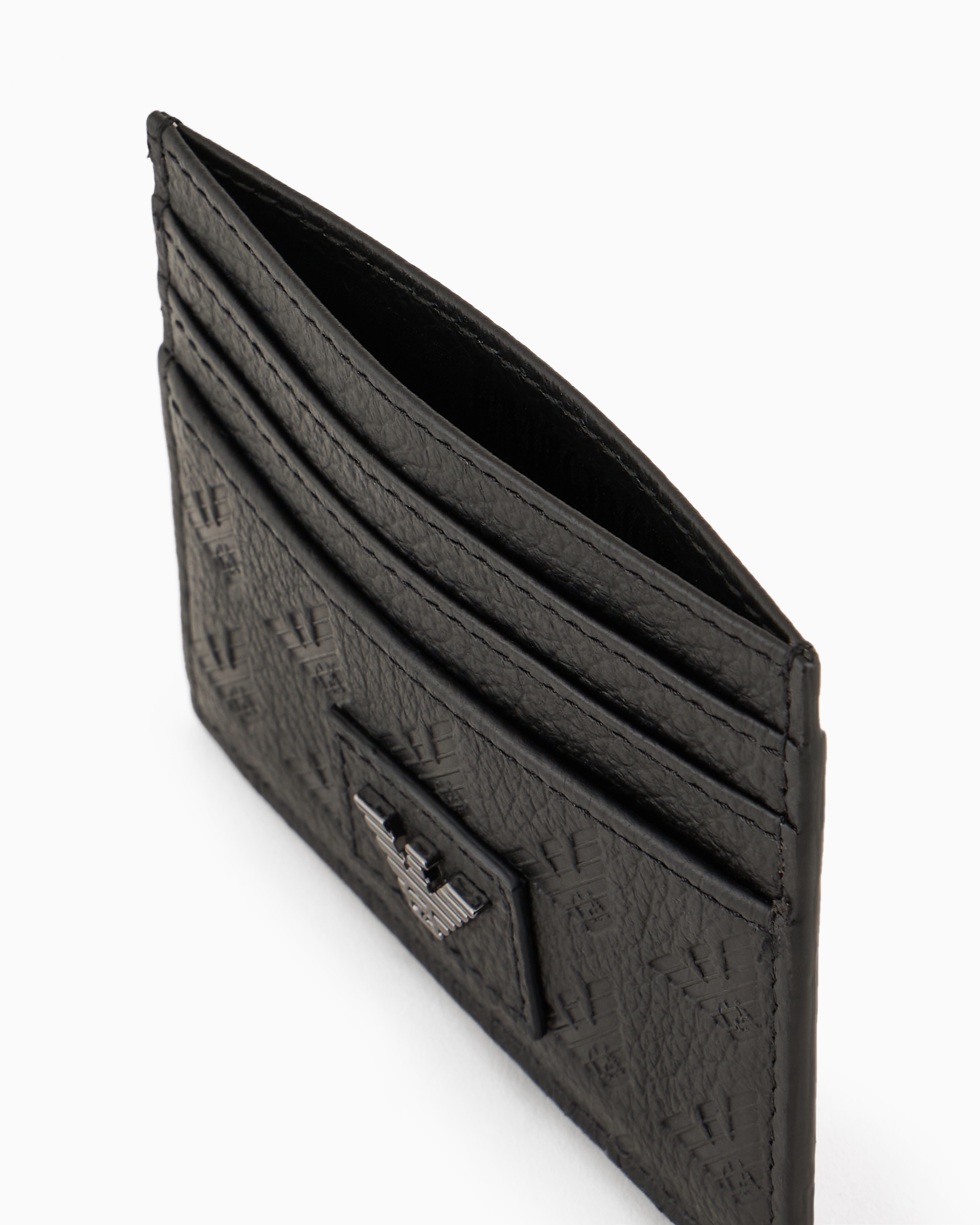 Shop Emporio Armani Leather Card Holder With All-over Embossed Eagle In Black