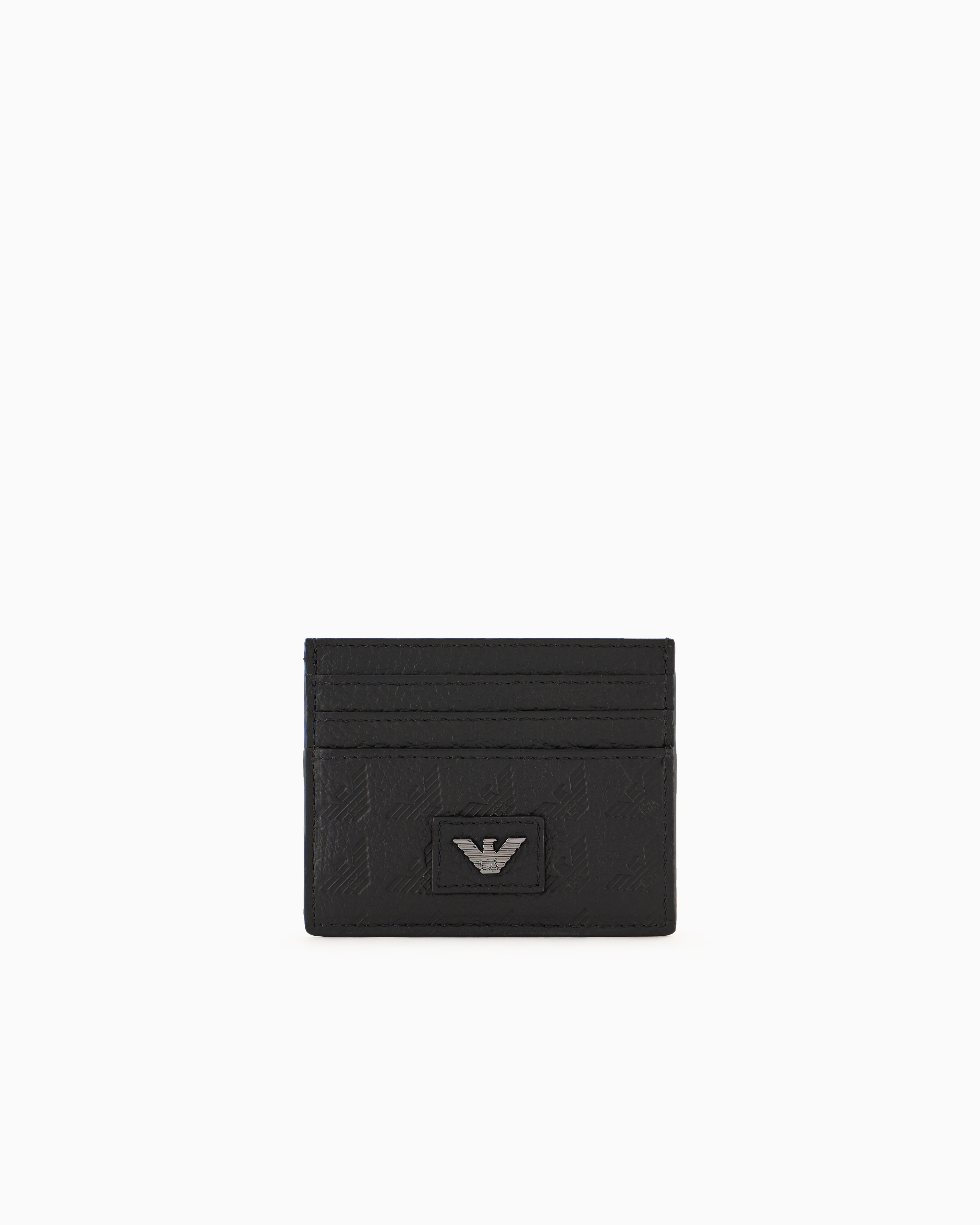 Shop Emporio Armani Leather Card Holder With All-over Embossed Eagle In Black