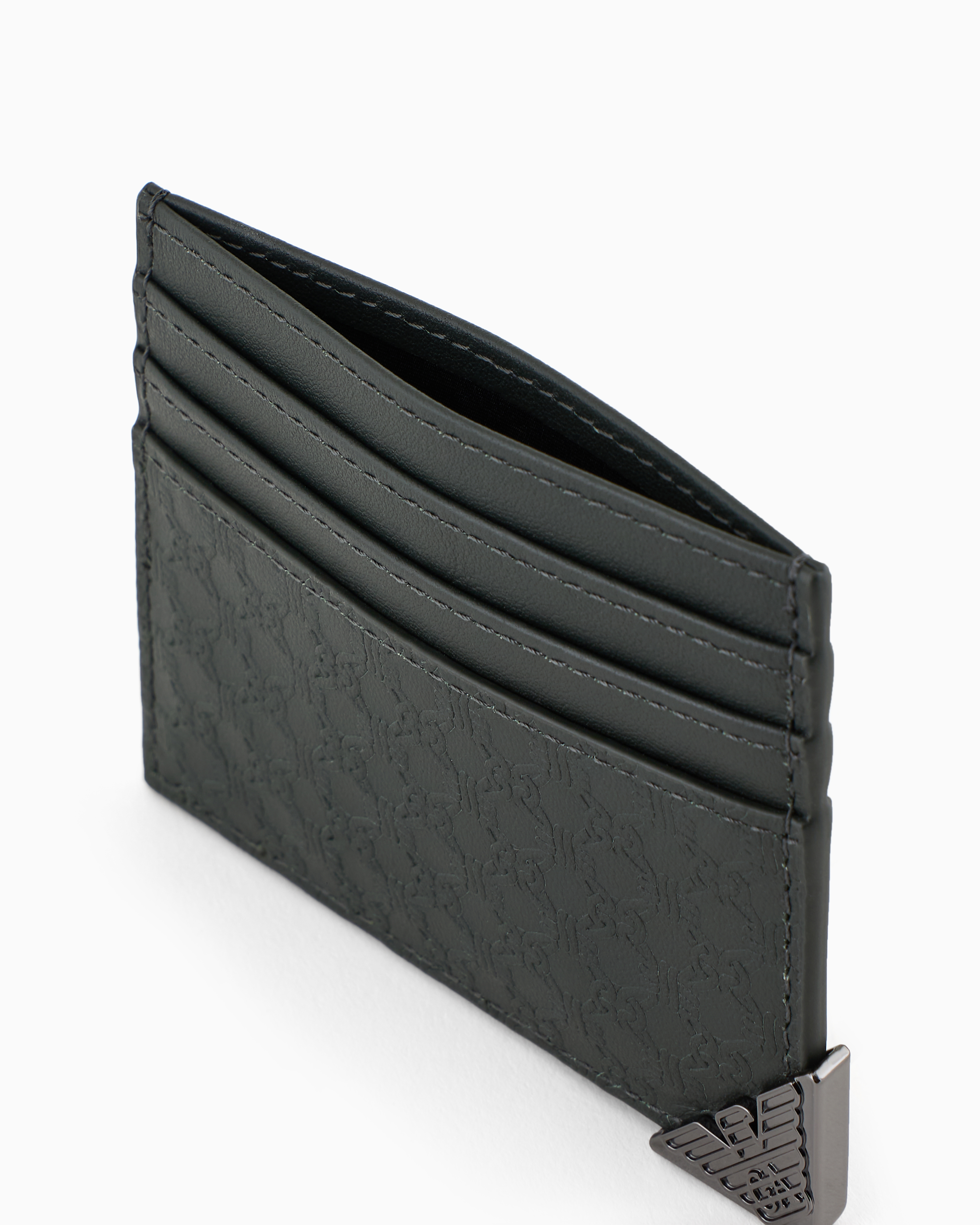 Emporio Armani Official Store All-over Embossed Pattern Leather Card Holder In Verde Scuro 1