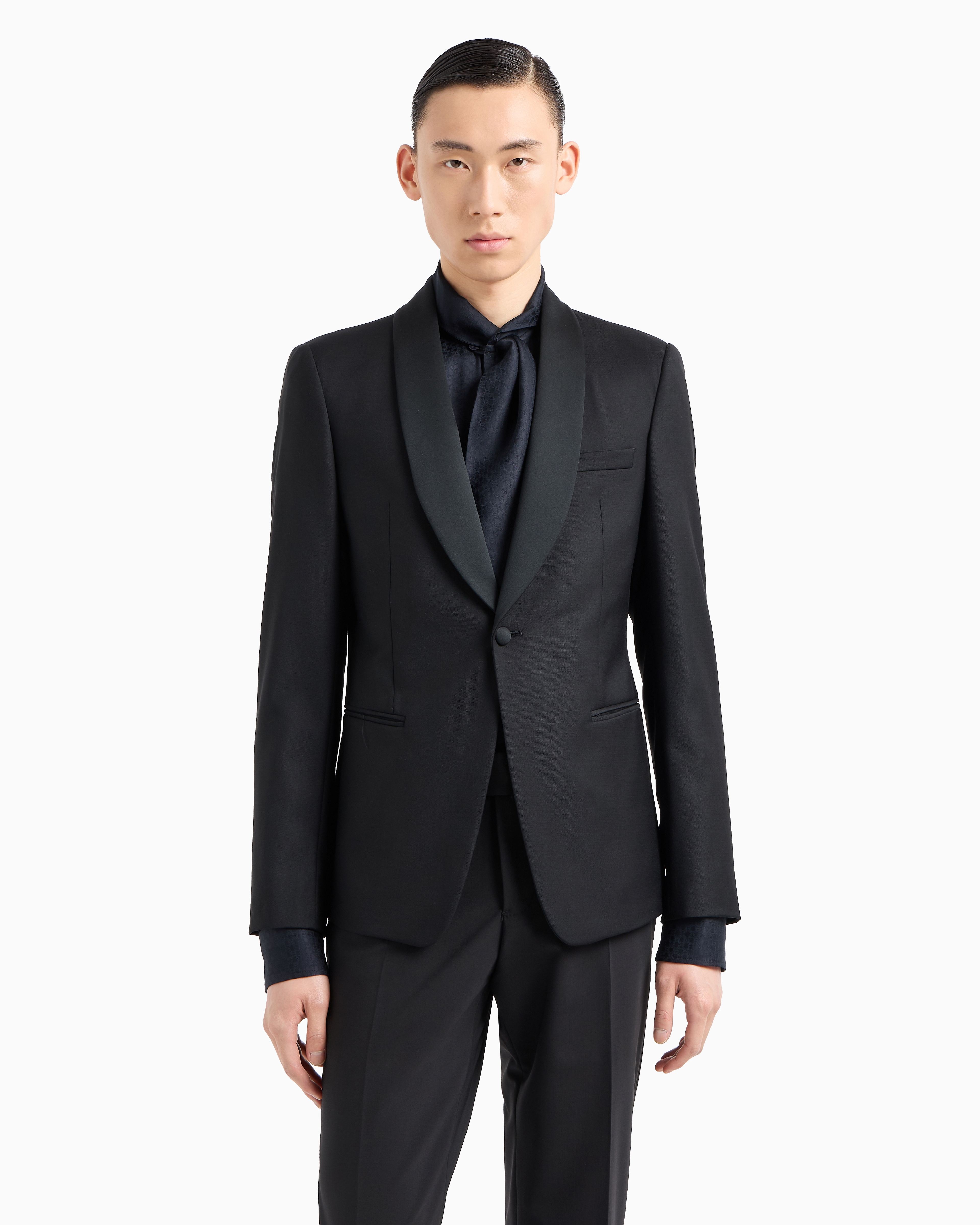 Emporio Armani Worsted Virgin Wool Jacket With Satin Shawl Lapels In Black