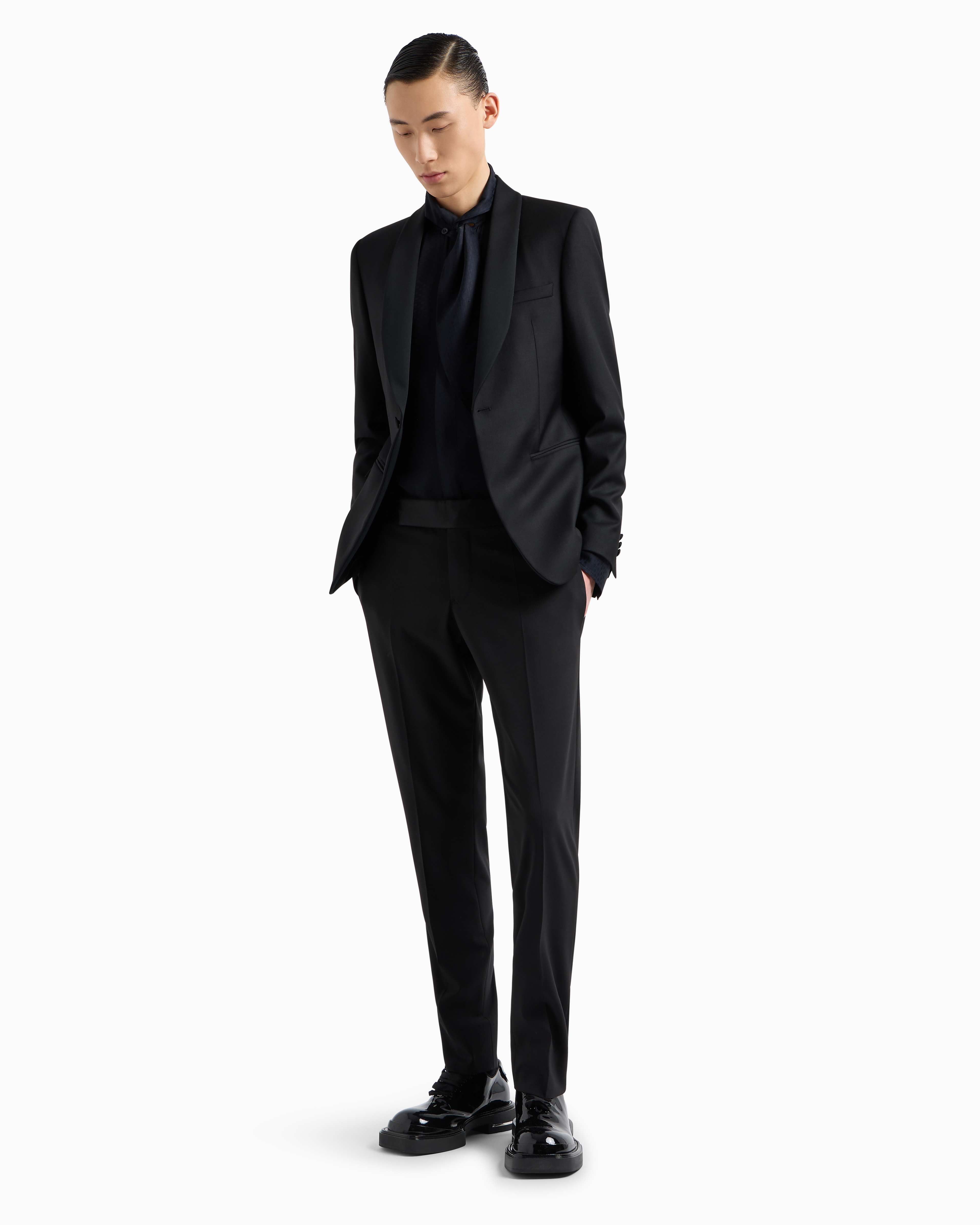 Emporio Armani Worsted Virgin Wool Jacket With Satin Shawl Lapels In Black