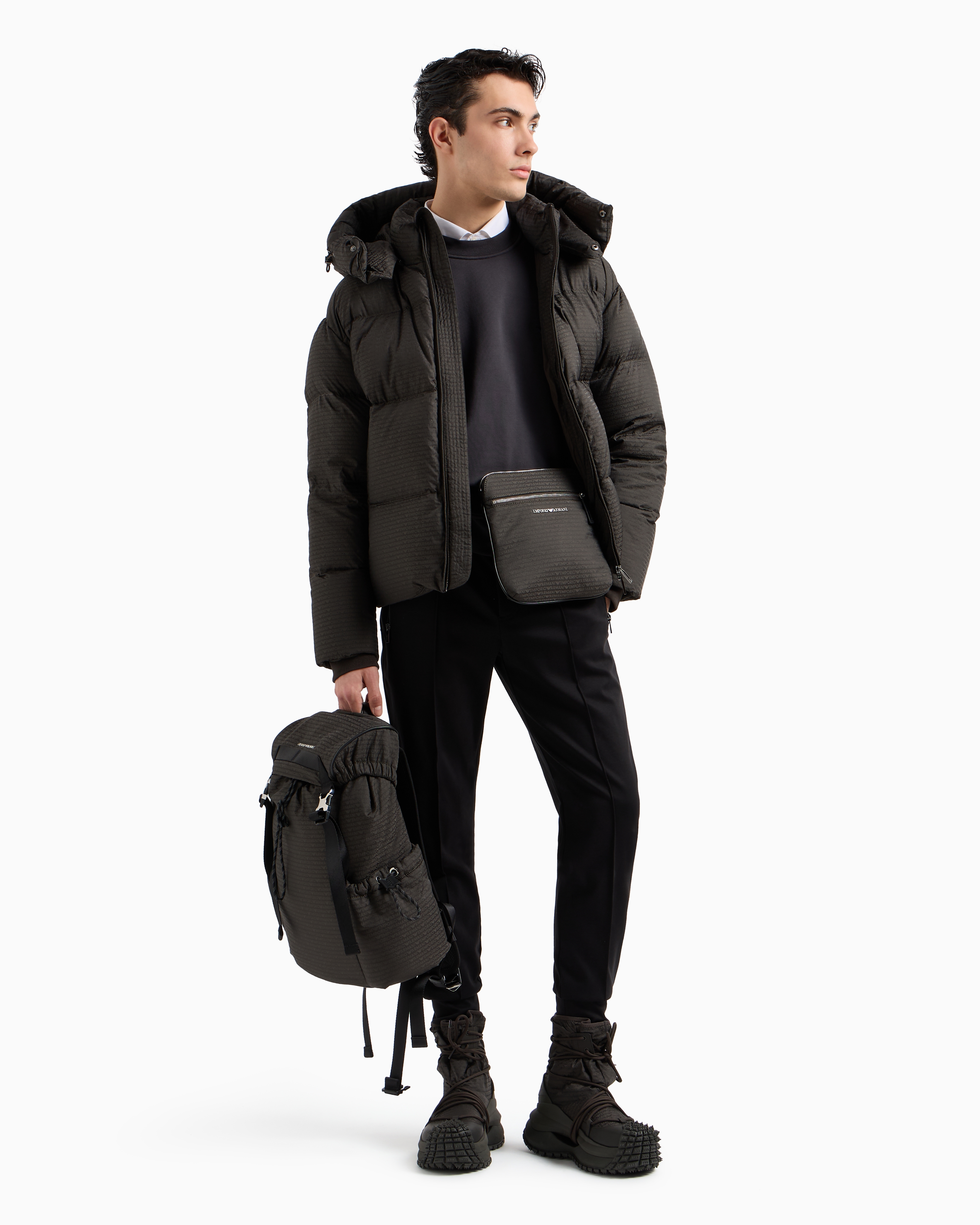 Zipped, hooded down jacket in jacquard nylon with all-over