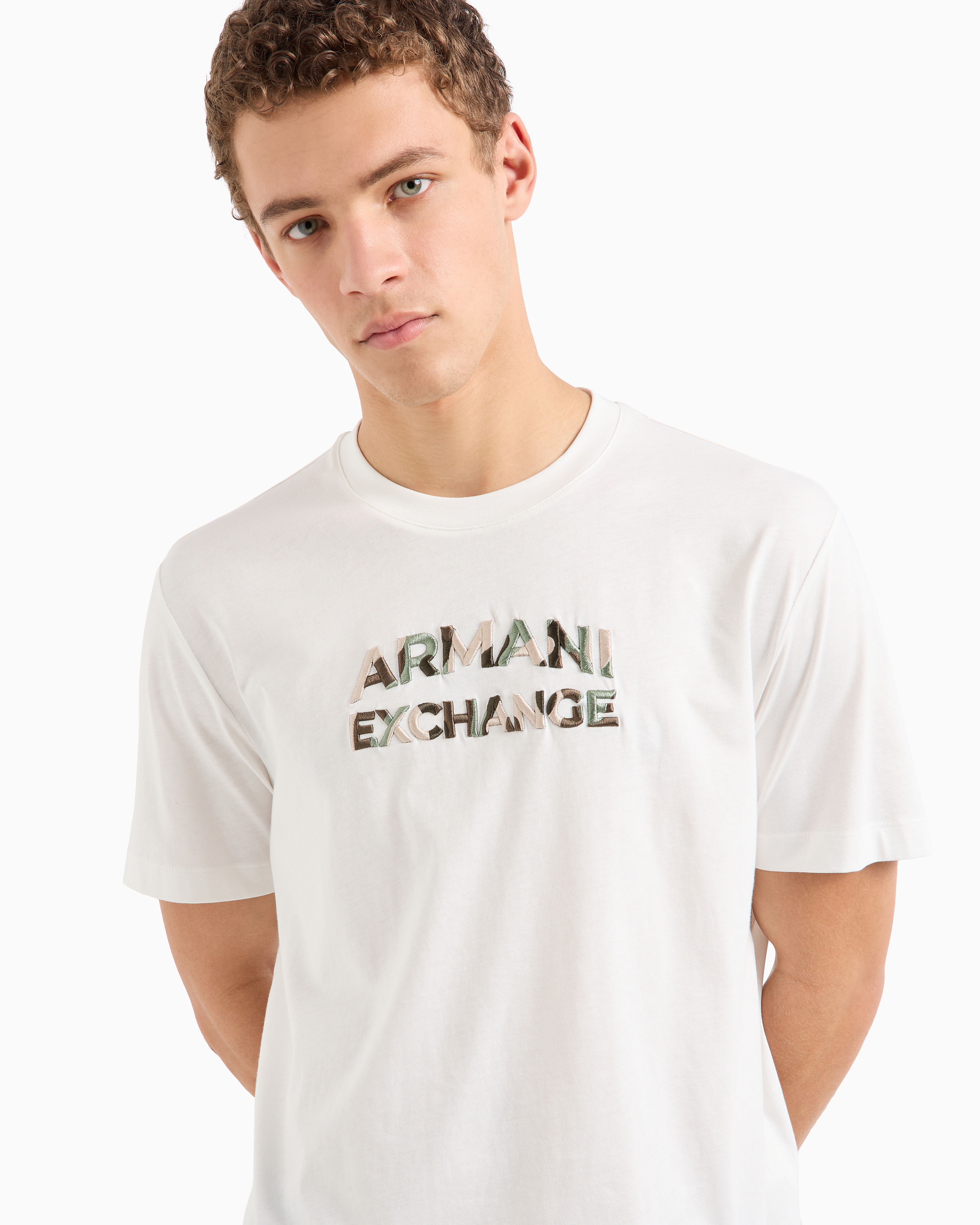 Shop Armani Exchange Regular Fit T-shirt With Camouflage Logo In Asv Cotton In White