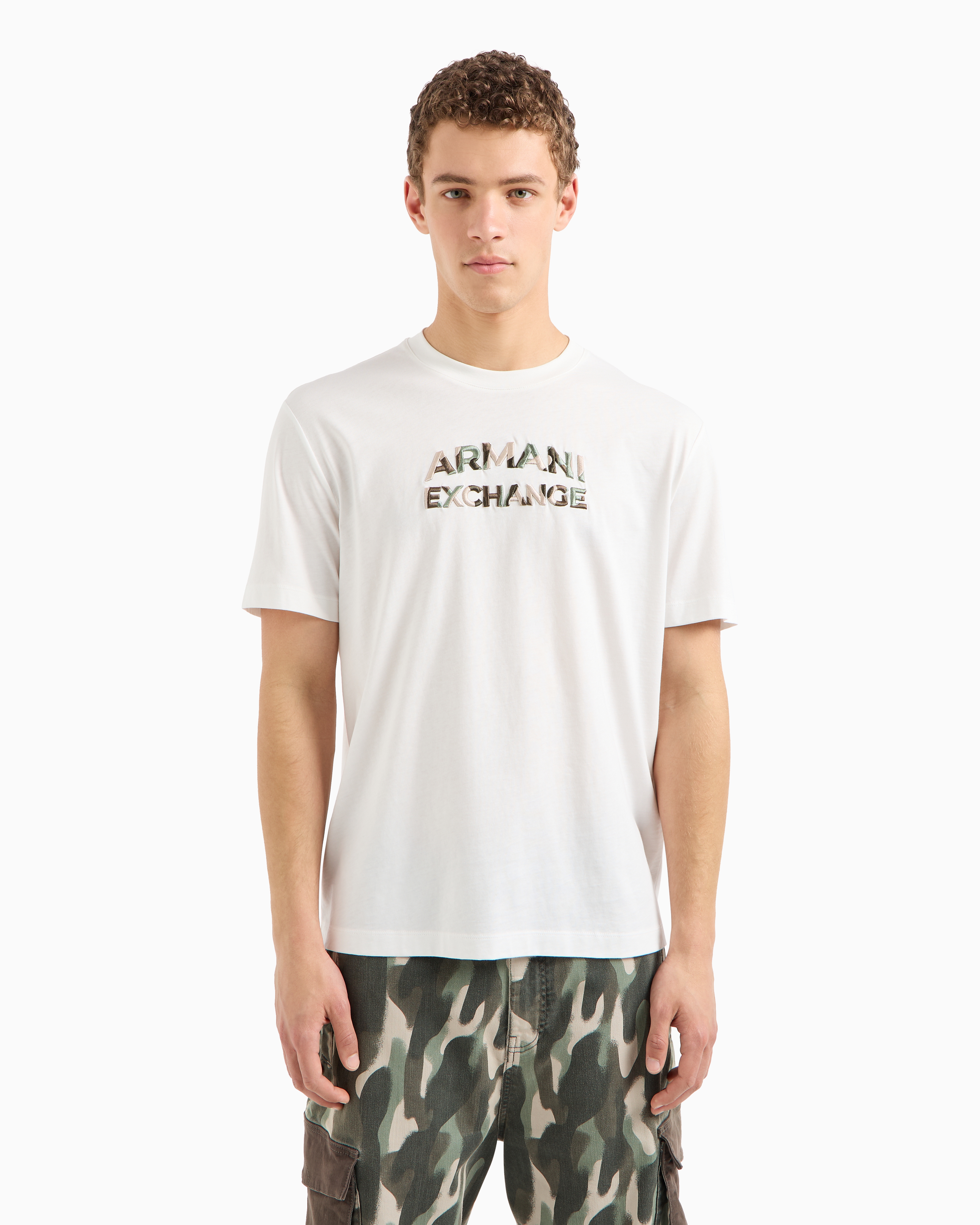 Shop Armani Exchange Regular Fit T-shirt With Camouflage Logo In Asv Cotton In White