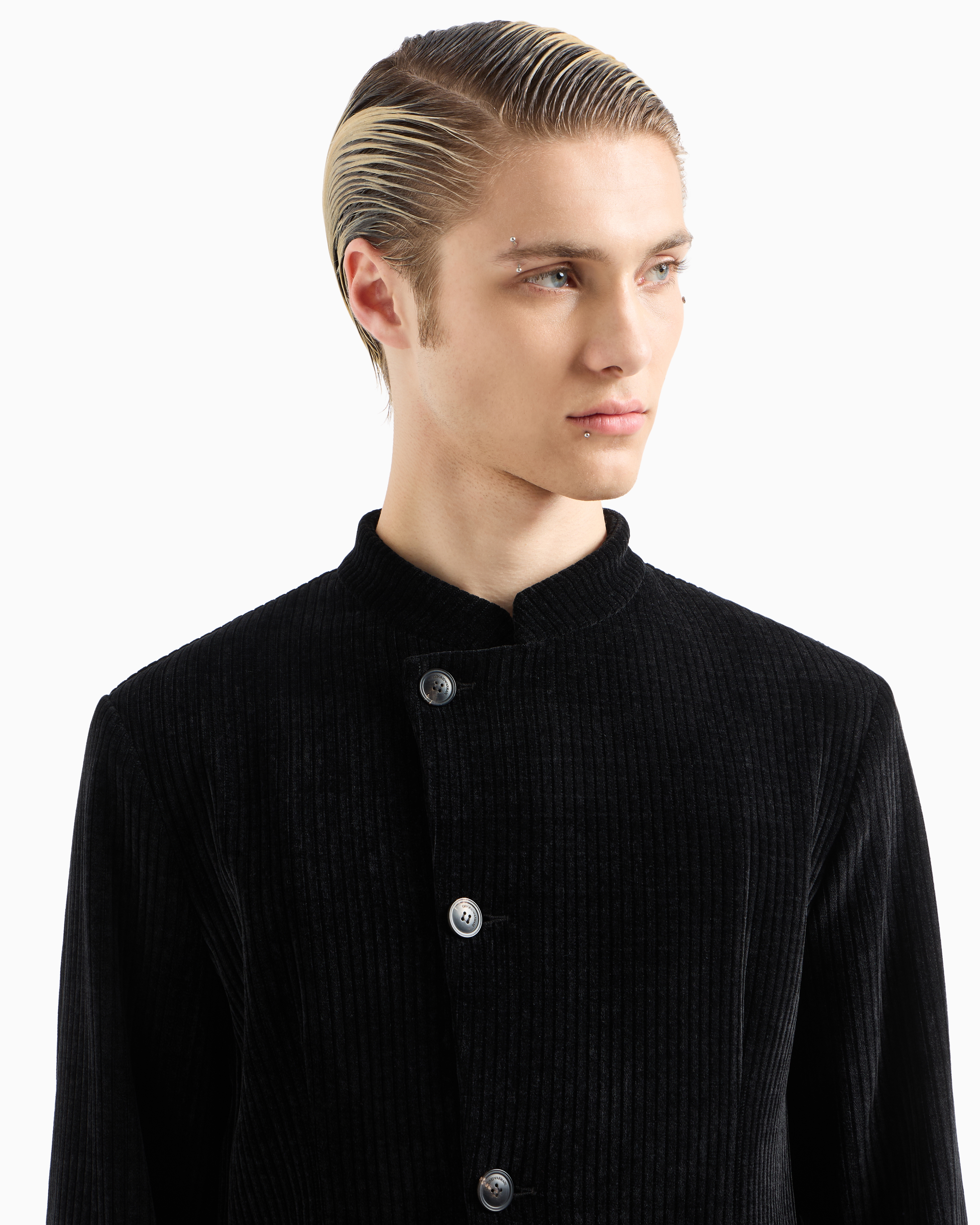 Emporio Armani Official Store Ribbed Velour Jacket With Guru Collar And Off-centre Fastening In Noir