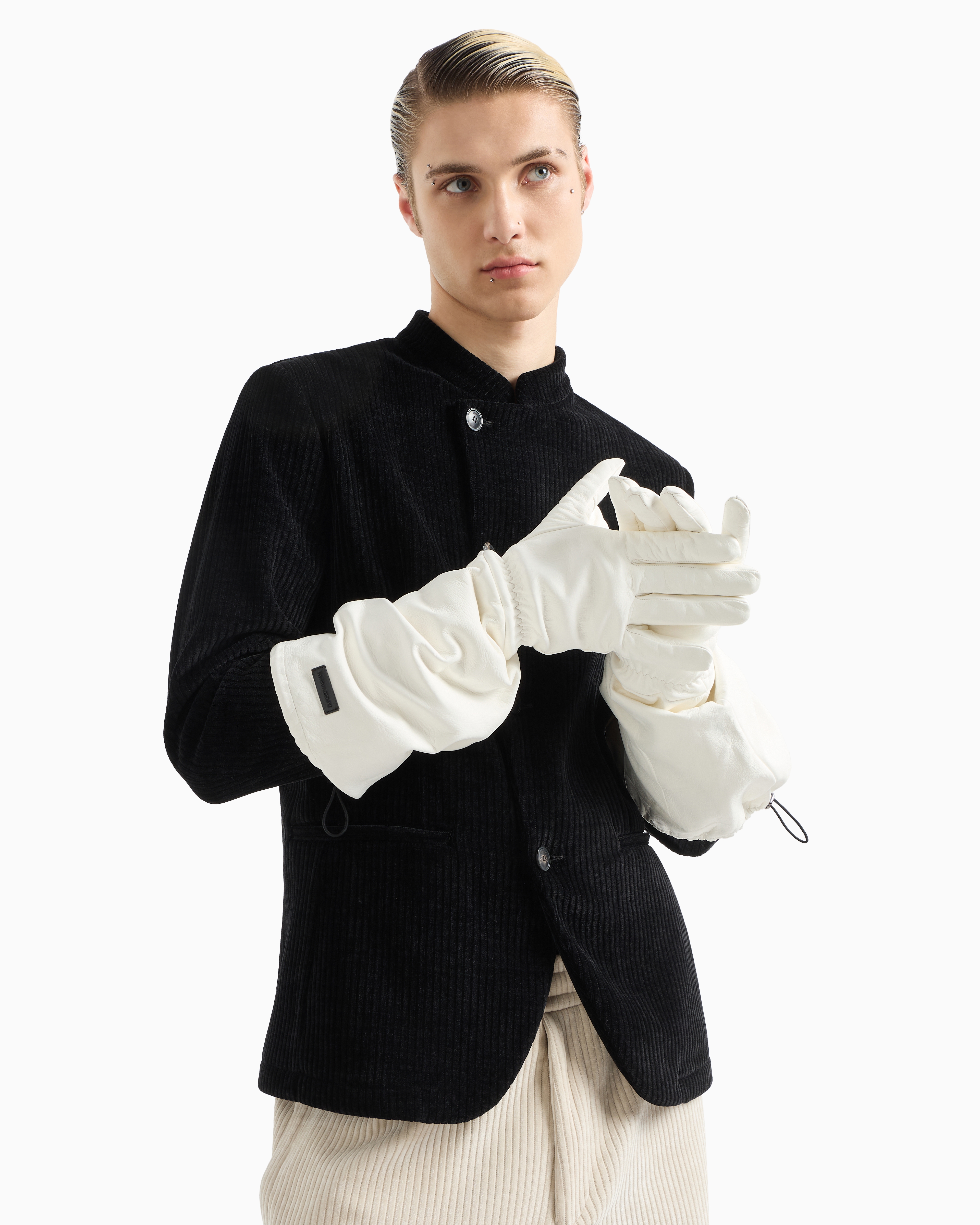 Ribbed velour jacket with guru collar and off-centre