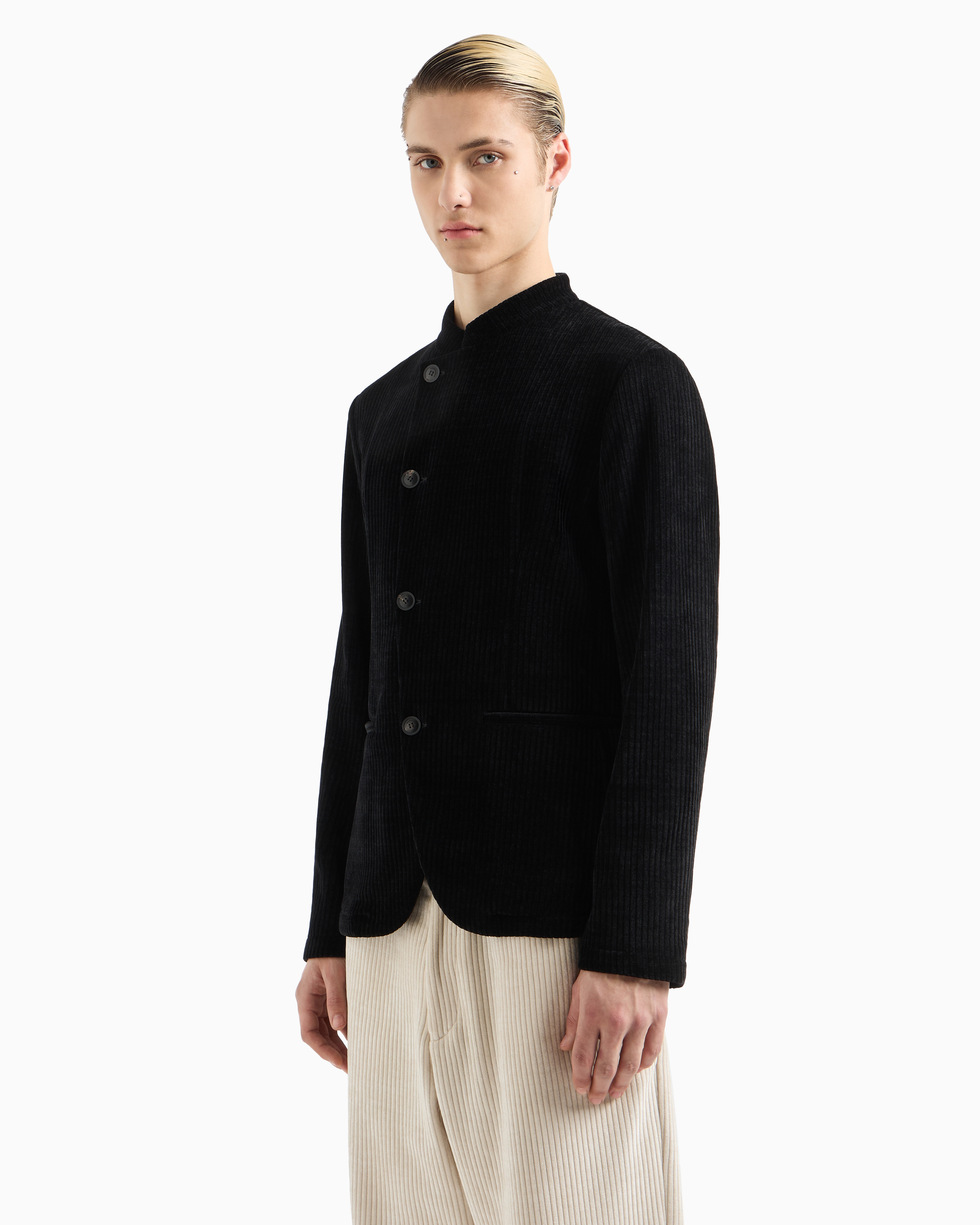 Emporio Armani Official Store Ribbed Velour Jacket With Guru Collar And Off-centre Fastening In Noir