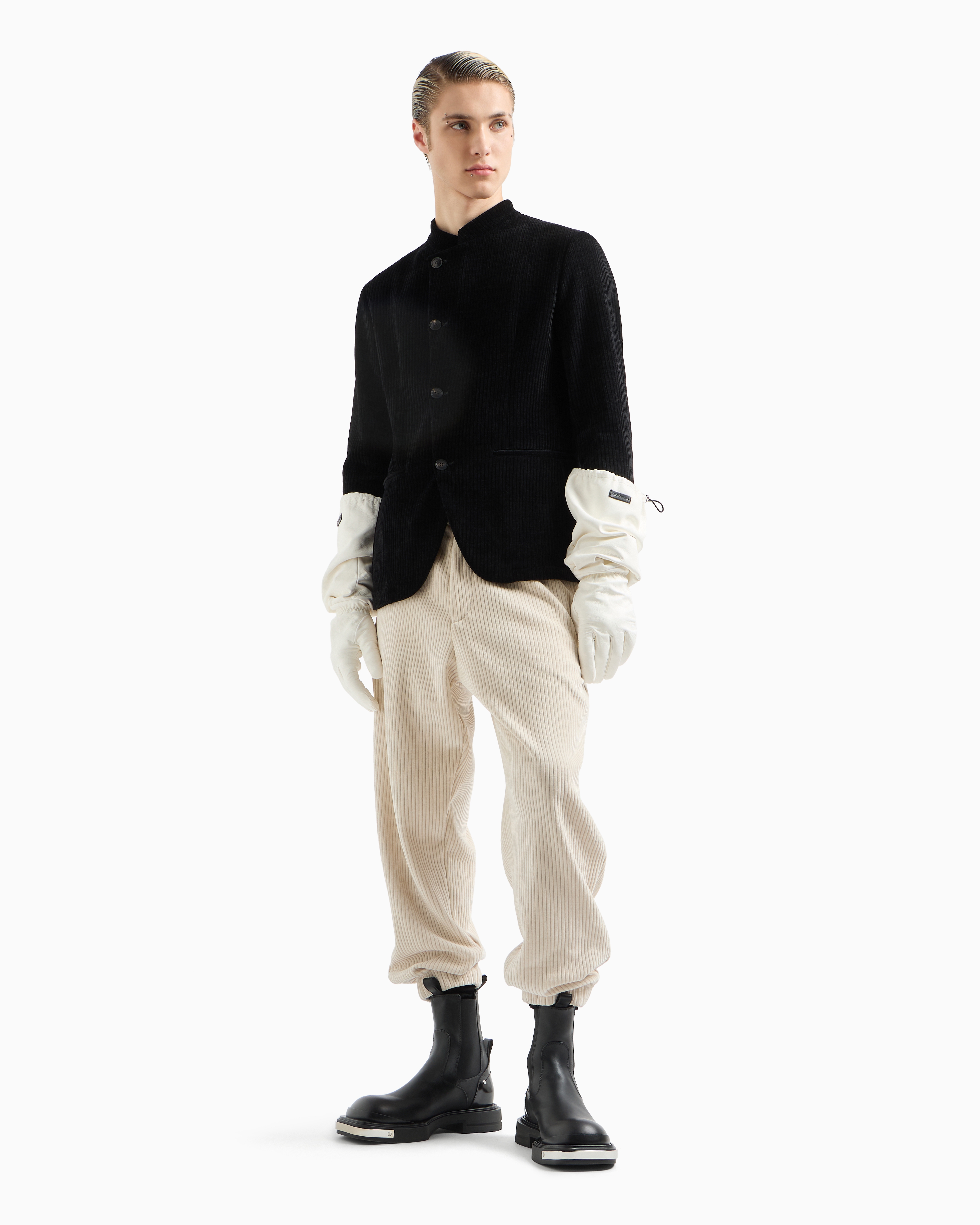 Emporio Armani Official Store Ribbed Velour Jacket With Guru Collar And Off-centre Fastening In Noir
