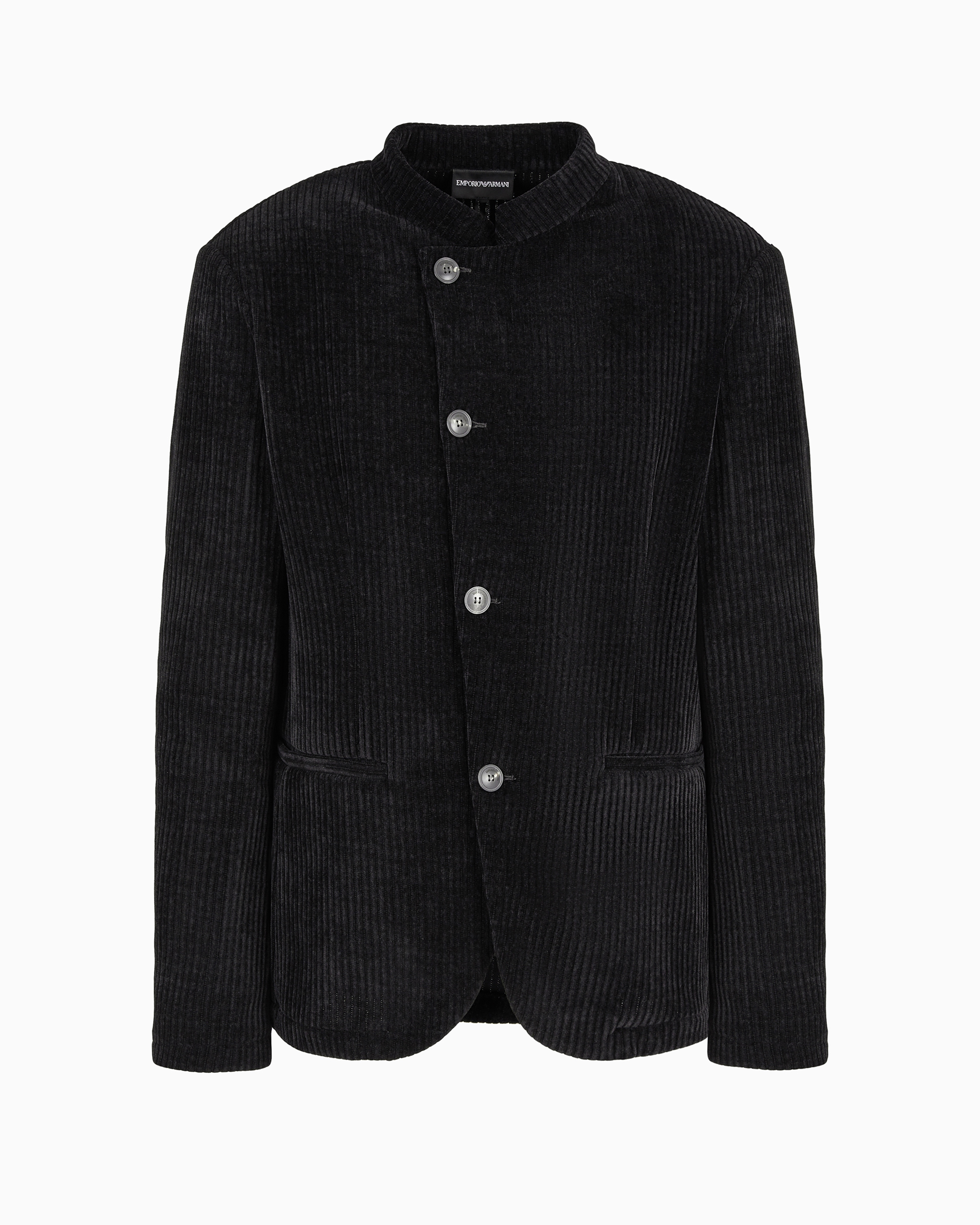 Emporio Armani Official Store Ribbed Velour Jacket With Guru Collar And Off-centre Fastening In Noir