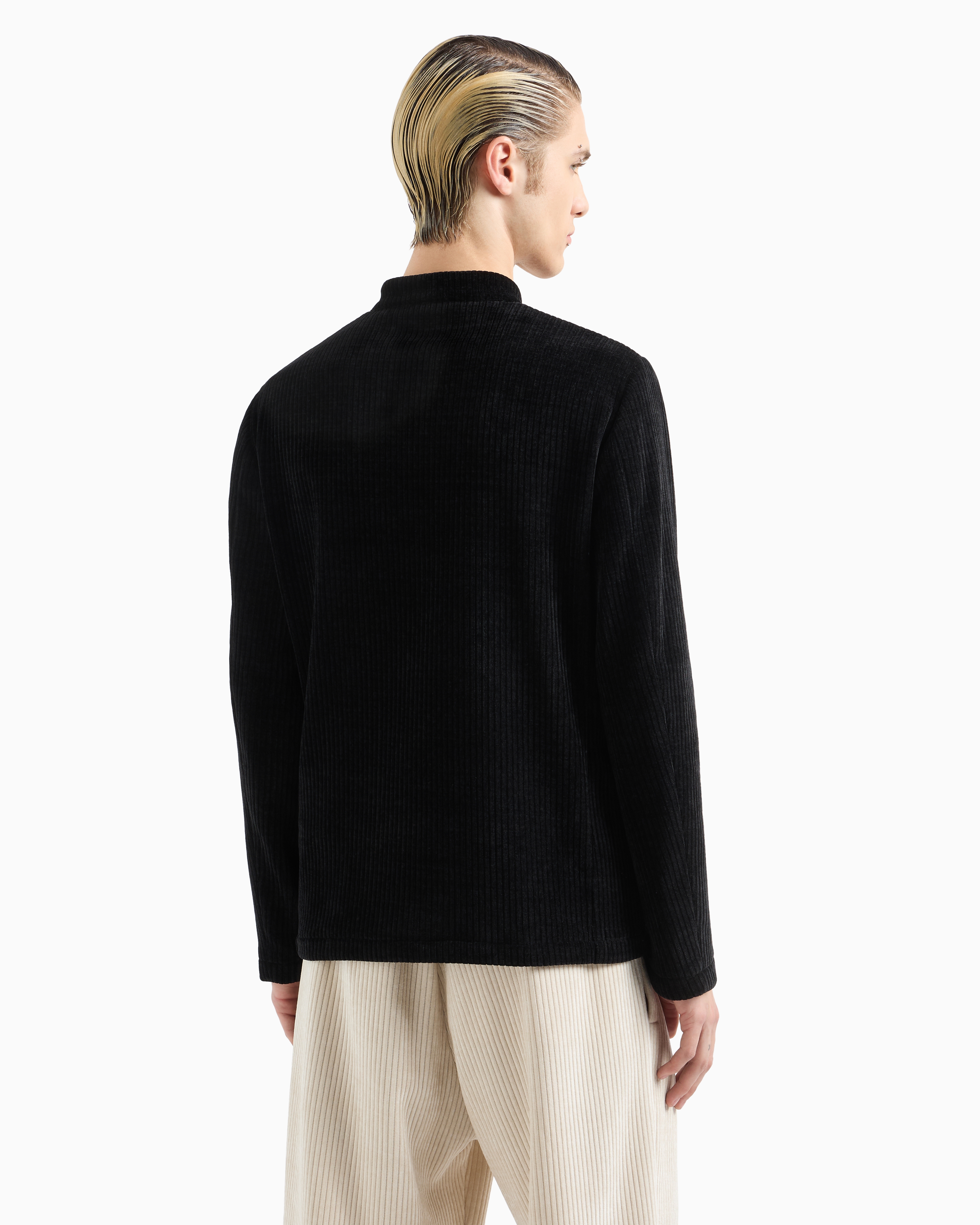 Emporio Armani Official Store Ribbed Velour Jacket With Guru Collar And Off-centre Fastening In Noir