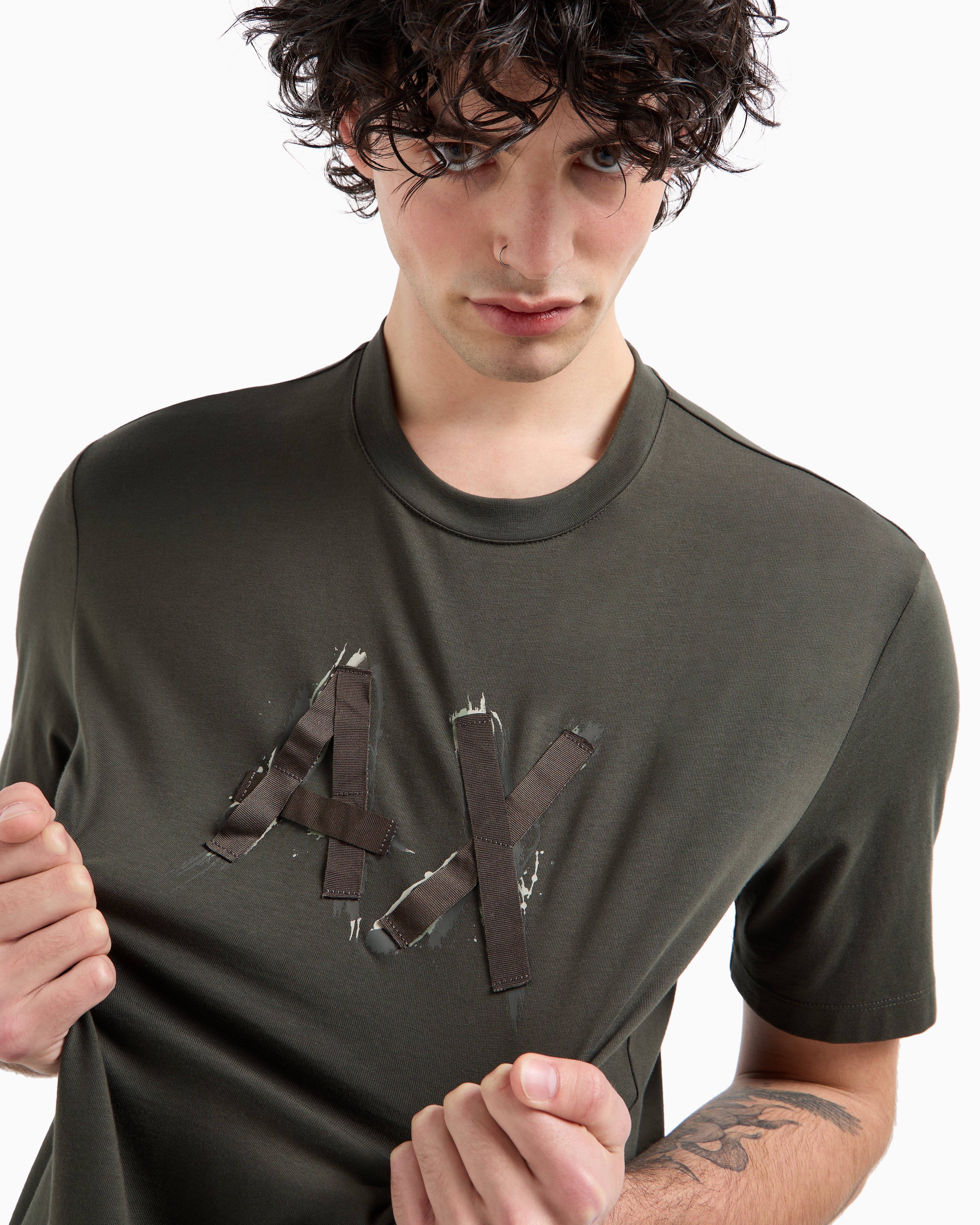 Shop Armani Exchange Regular Fit T-shirt With Brush Stroke Logo In Asv Cotton In Dark Gray