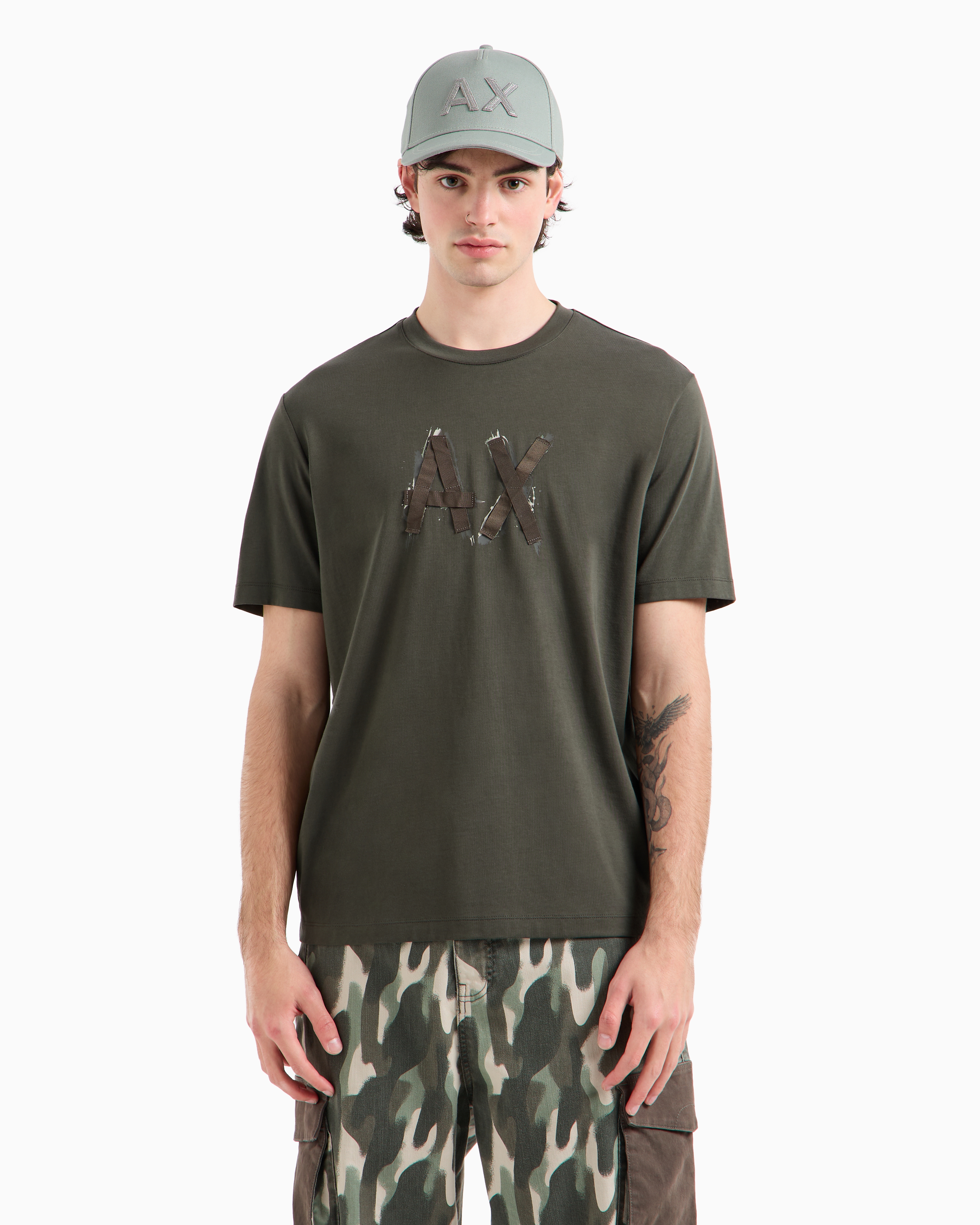 Shop Armani Exchange Regular Fit T-shirt With Brush Stroke Logo In Asv Cotton In Dark Gray