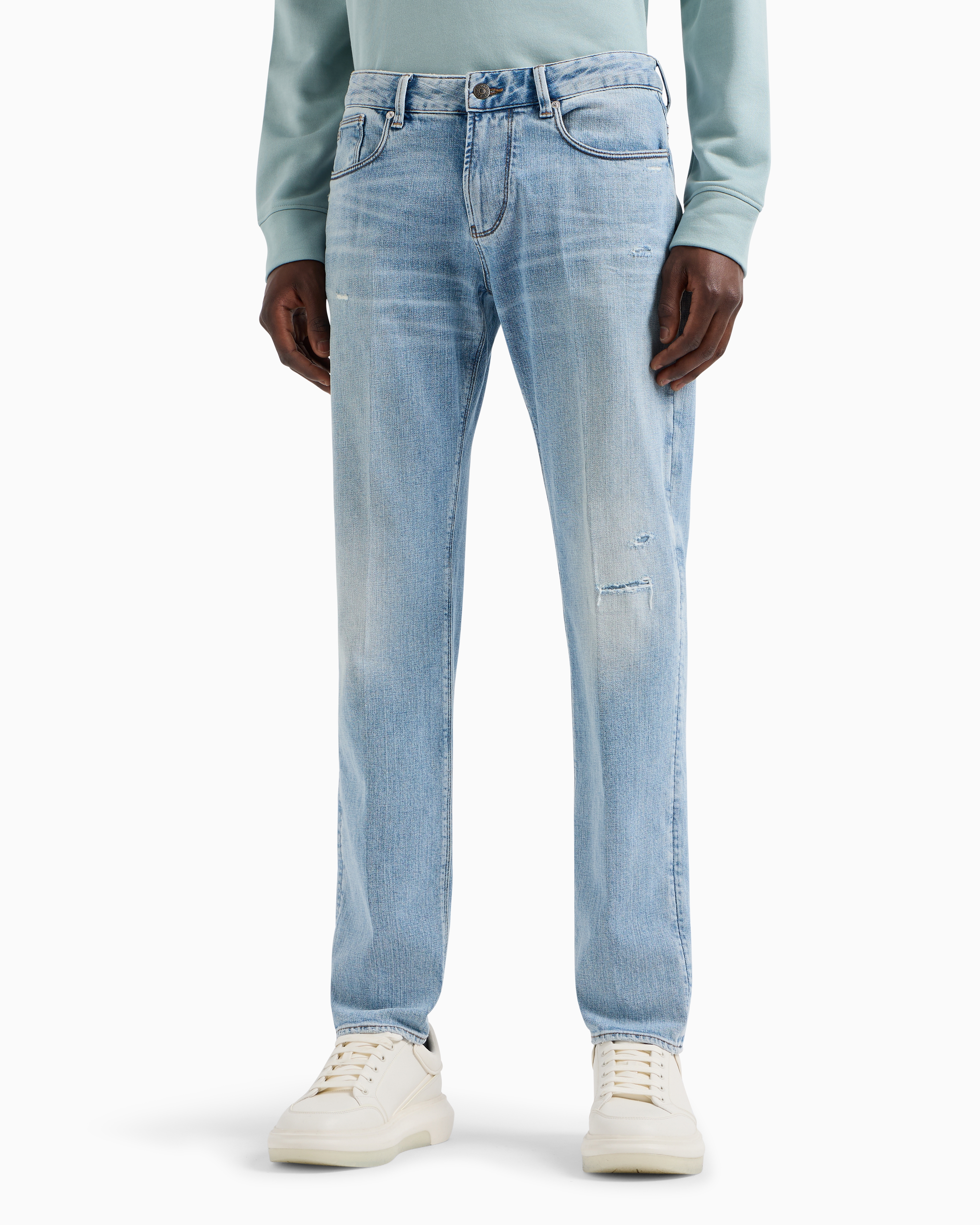 Shop Emporio Armani J06 Slim-fit, Stone-washed Stretch-denim Jeans With Rips In Blue