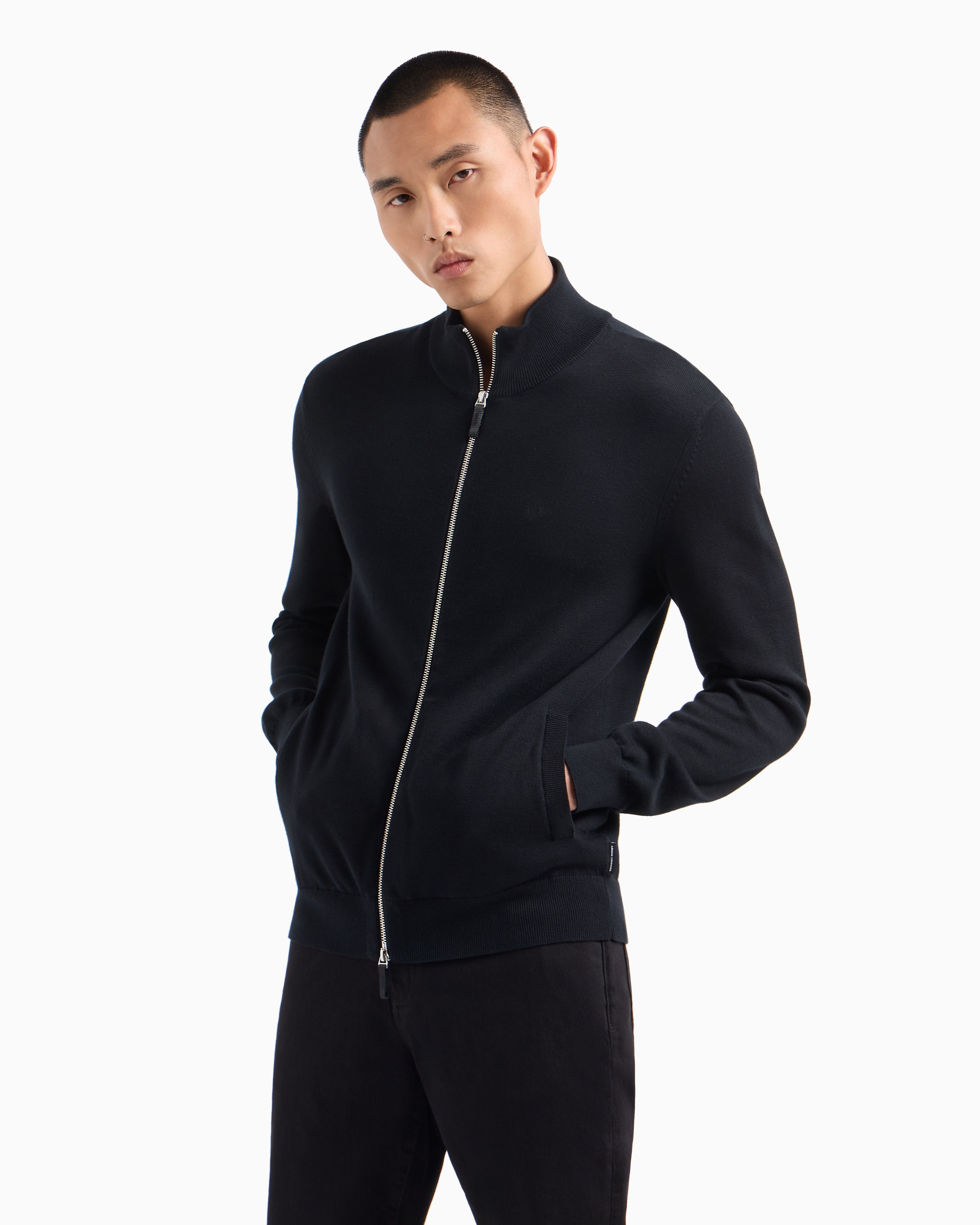 Shop Armani Exchange Asv Organic Cotton Fullzip Cardigan In Black