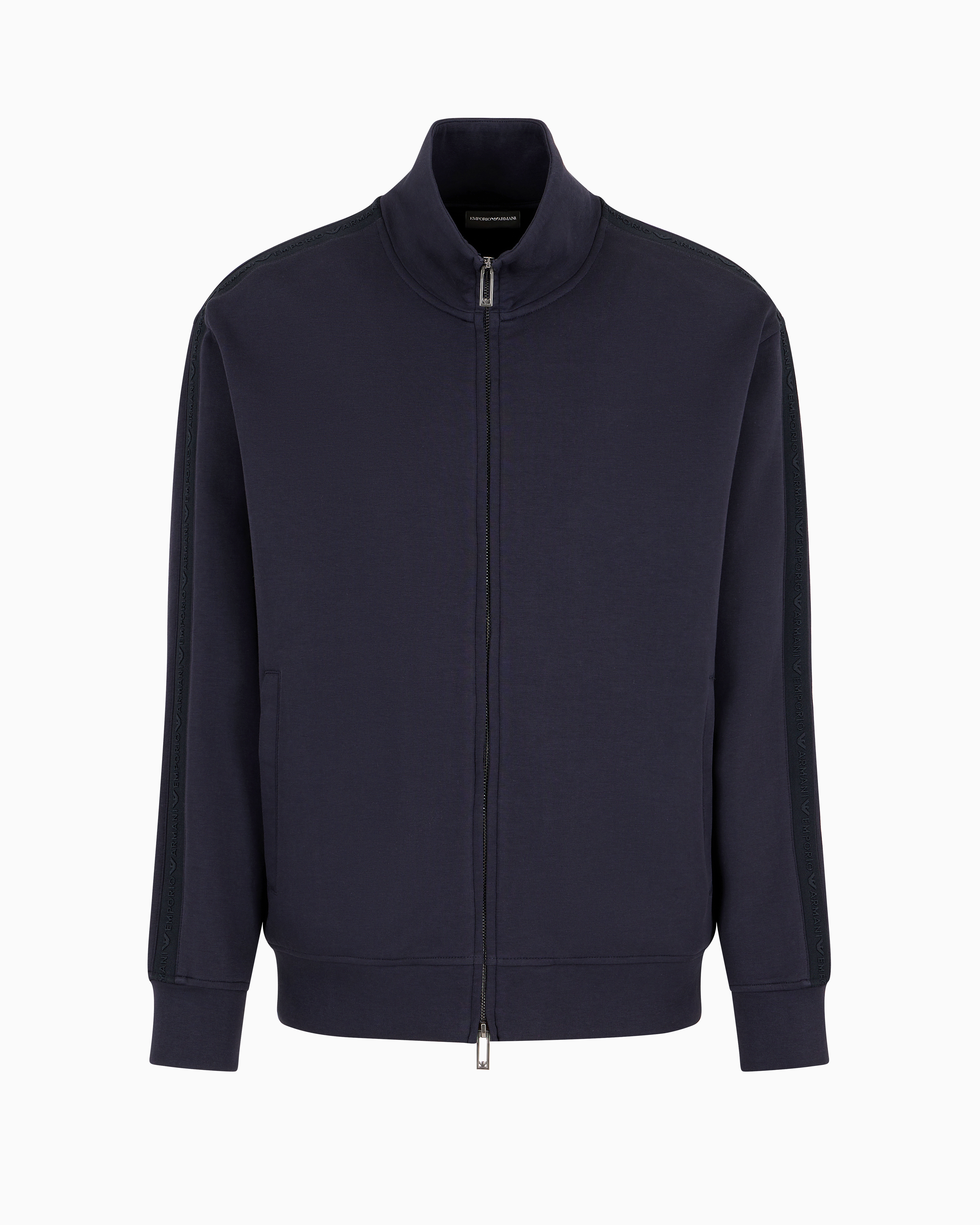 Emporio Armani Official Store Double-jersey Full-zip Sweatshirt With Embossed Logo Lettering Tape In Navy Blue