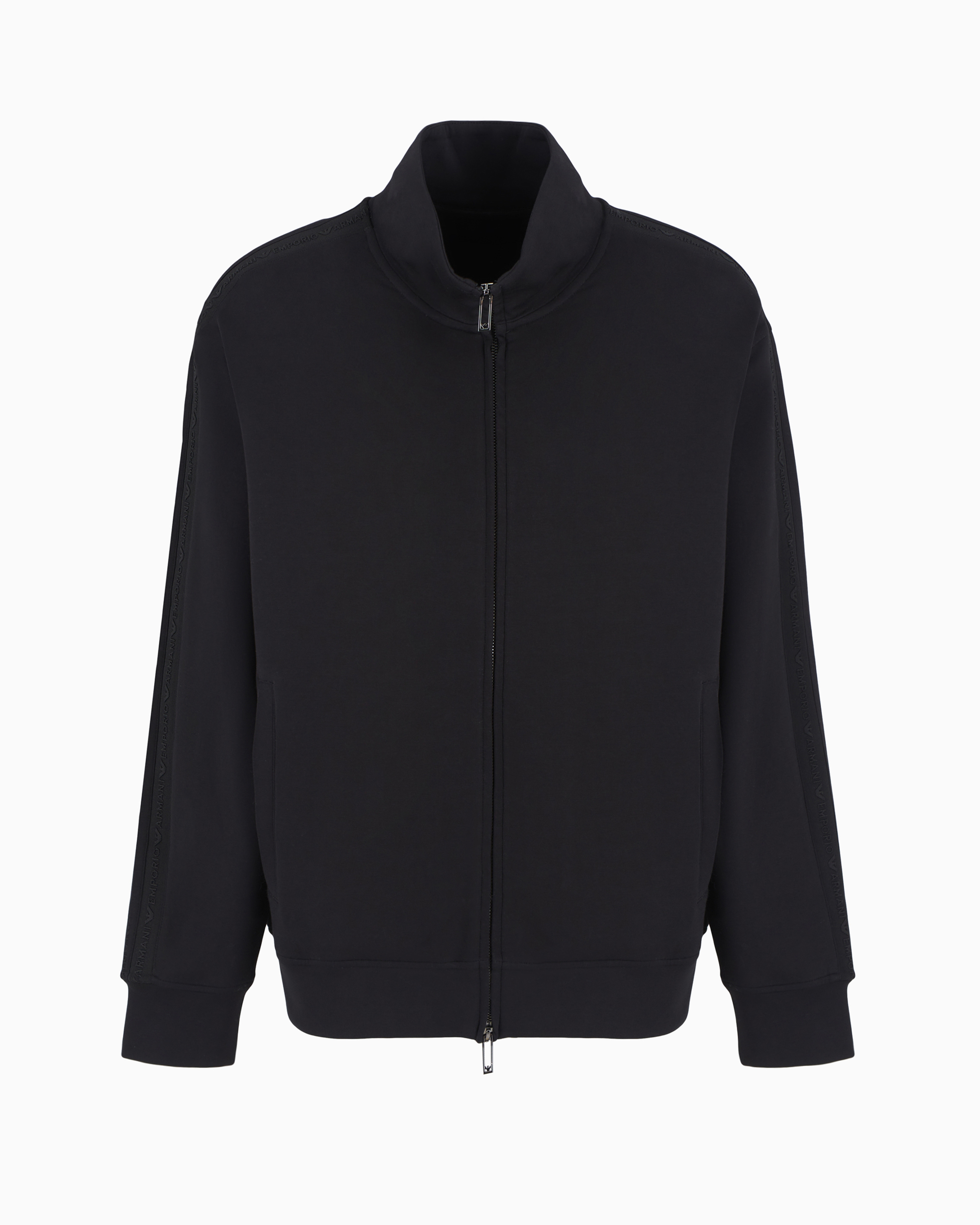 Emporio Armani Official Store Double-jersey Full-zip Sweatshirt With Embossed Logo Lettering Tape In Black