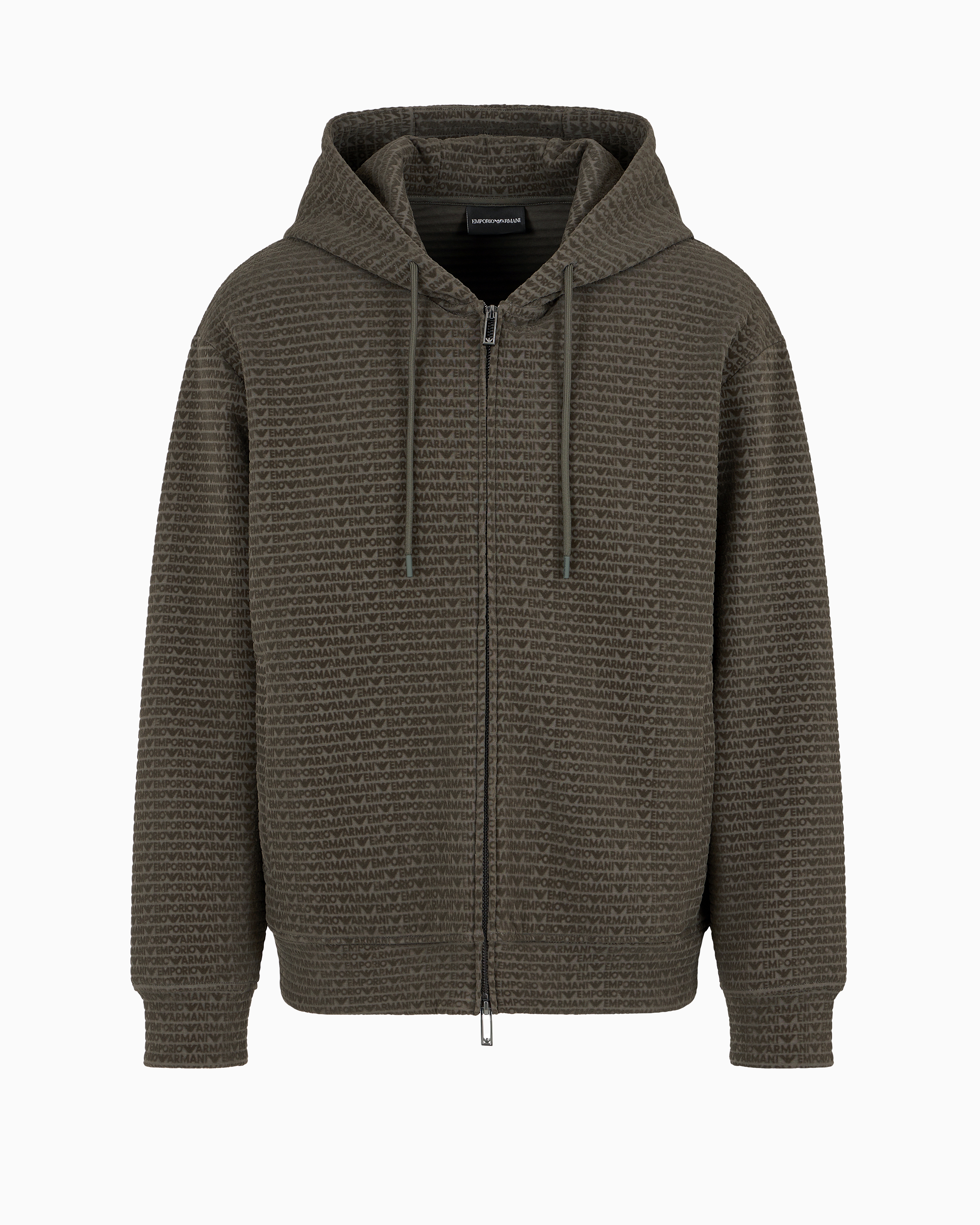 Emporio Armani Official Store Double-jersey Hooded Zip-up Sweatshirt With All-over Flocked Lettering In Military Green