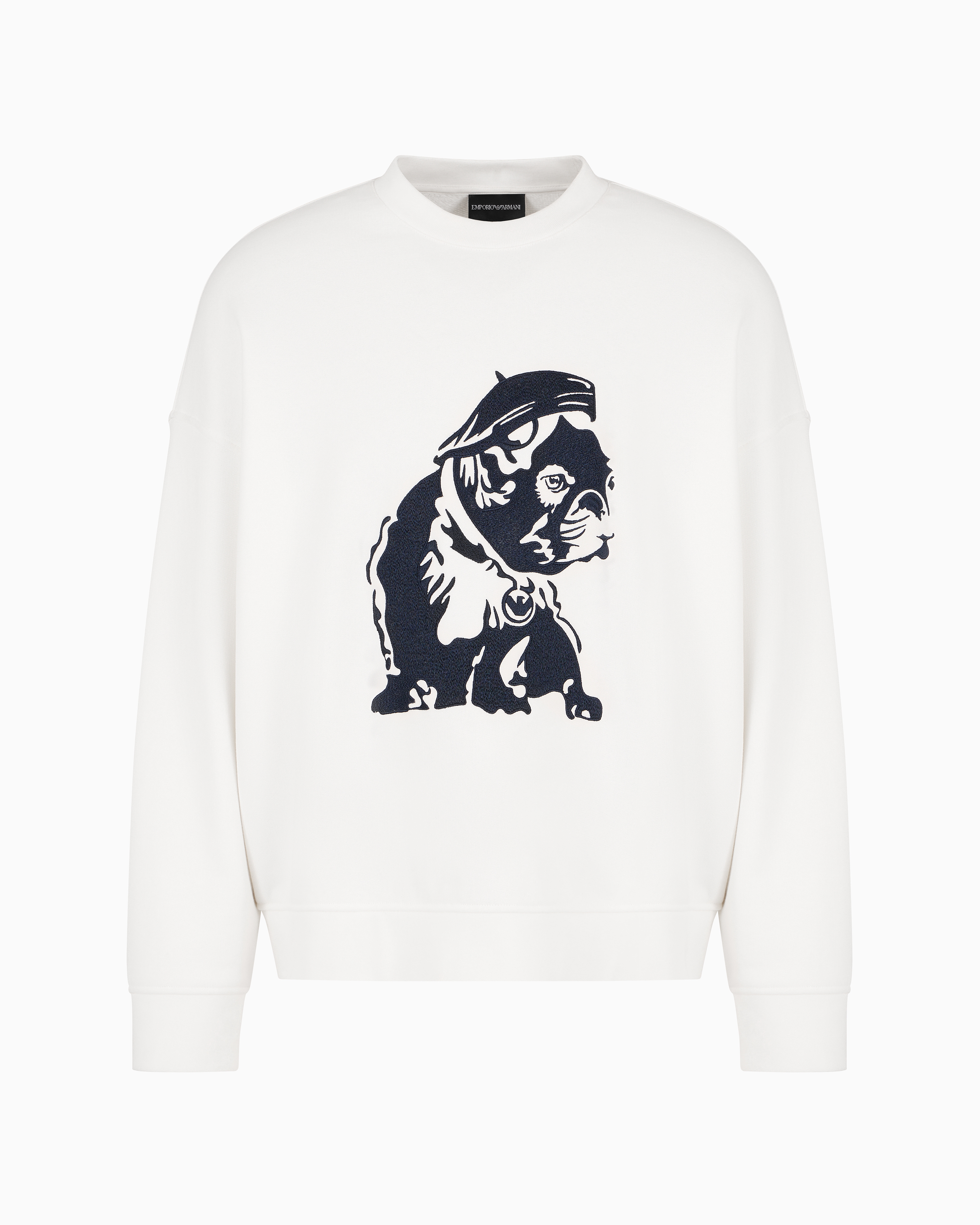 Emporio Armani Official Store Oversized Sweatshirt In French Terry Jersey With Oversized French Bulldog Embroidery In White