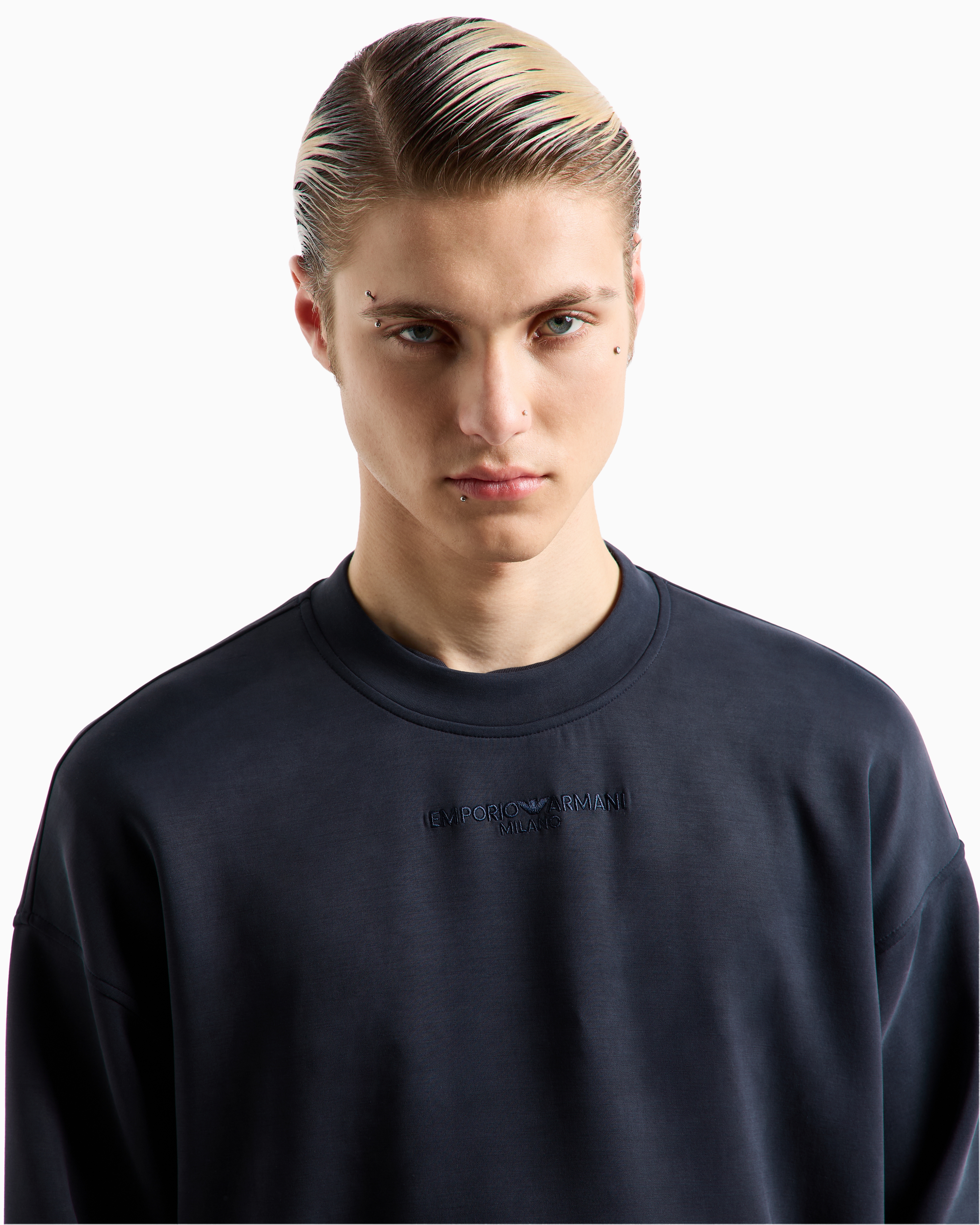 Shop Emporio Armani Modal-blend Jersey Sweatshirt With Logo Embroidery And A Pouch Pocket In Navy Blue