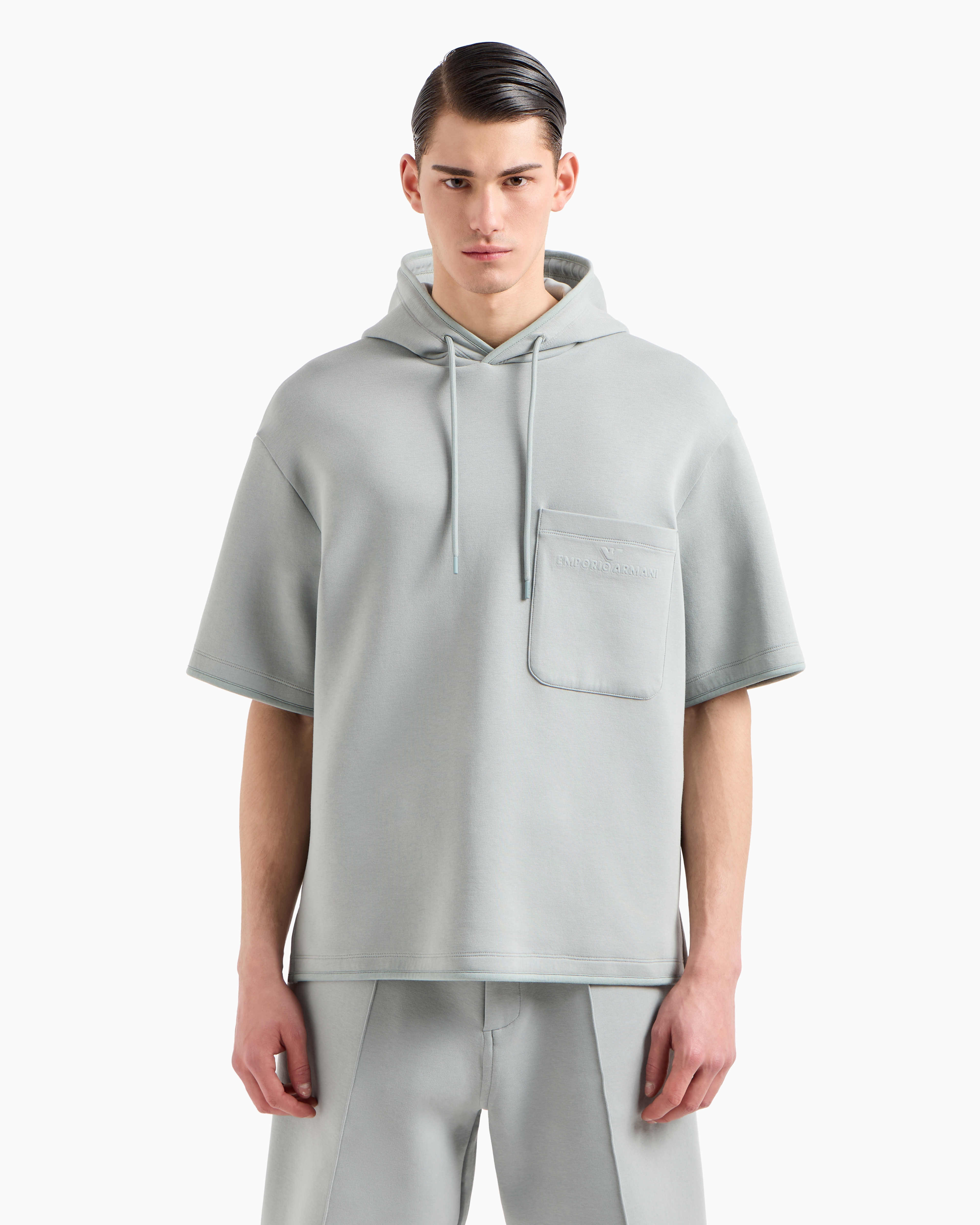 Emporio Armani Official Store Short-sleeved Double-jersey Hooded Sweatshirt With A Patch Pocket In Light Gray