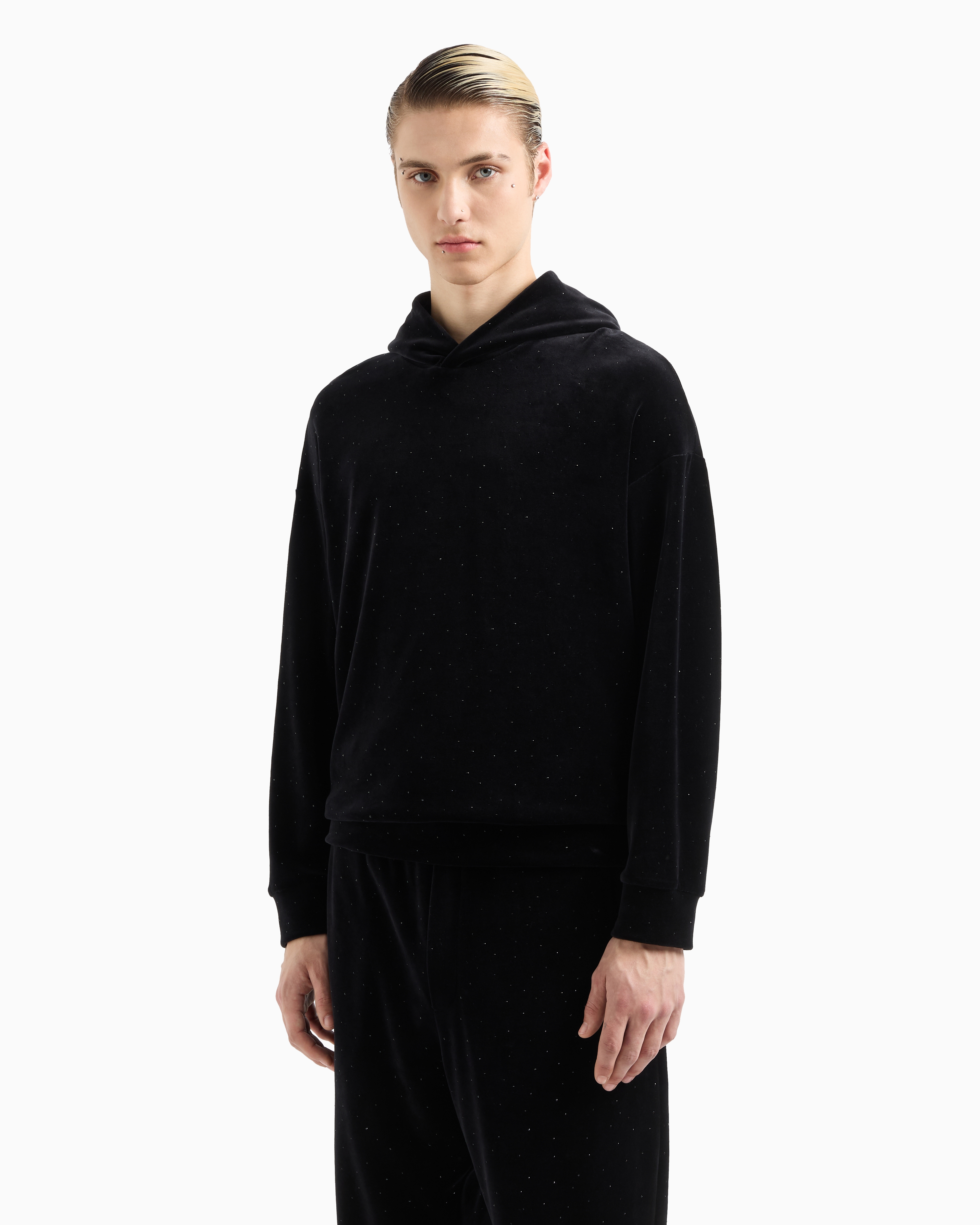 Emporio Armani Official Store Clubwear Chenille Hooded Sweatshirt With All-over Rhinestones In Black